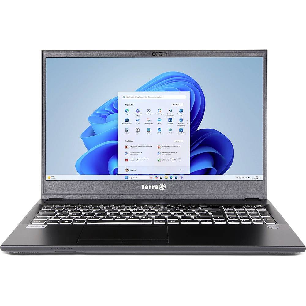 Terra-Laptop offen mit Windows 11-Desktop und angezeigtem Startmenü auf dem Bildschirm