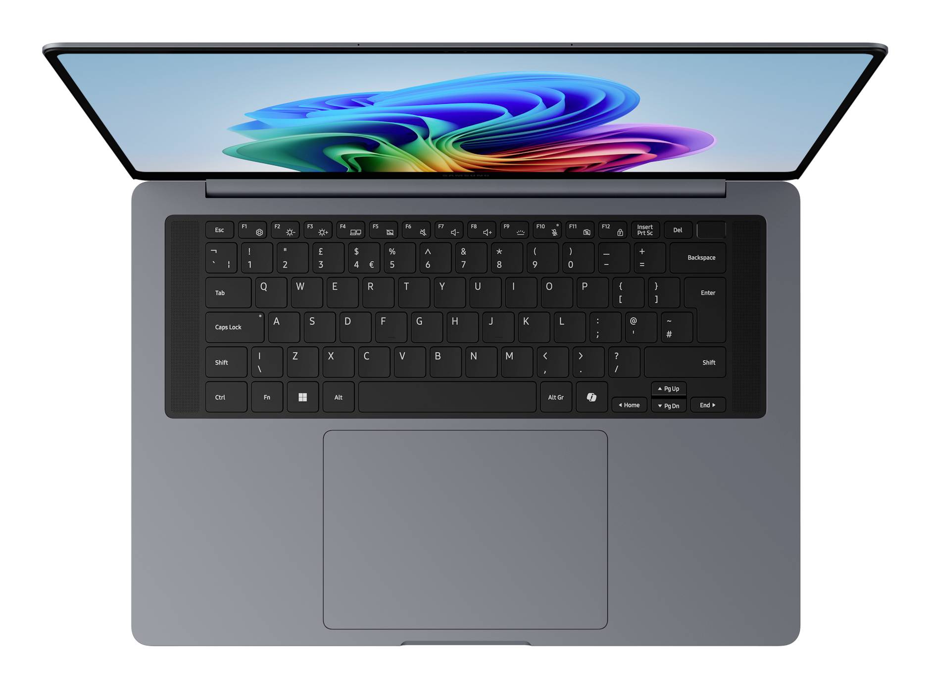 Draufsicht auf einen offenen grauen Laptop mit farbenfrohem abstraktem Display, schwarzer Tastatur und zentriertem Trackpad.