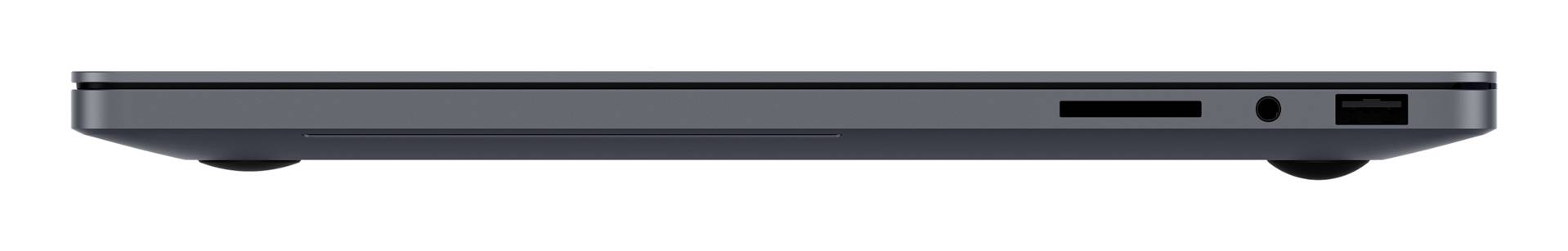 Seitenansicht eines geschlossenen grauen Laptops, die das dünne Profil mit Anschlüssen an einer Kante zeigt.