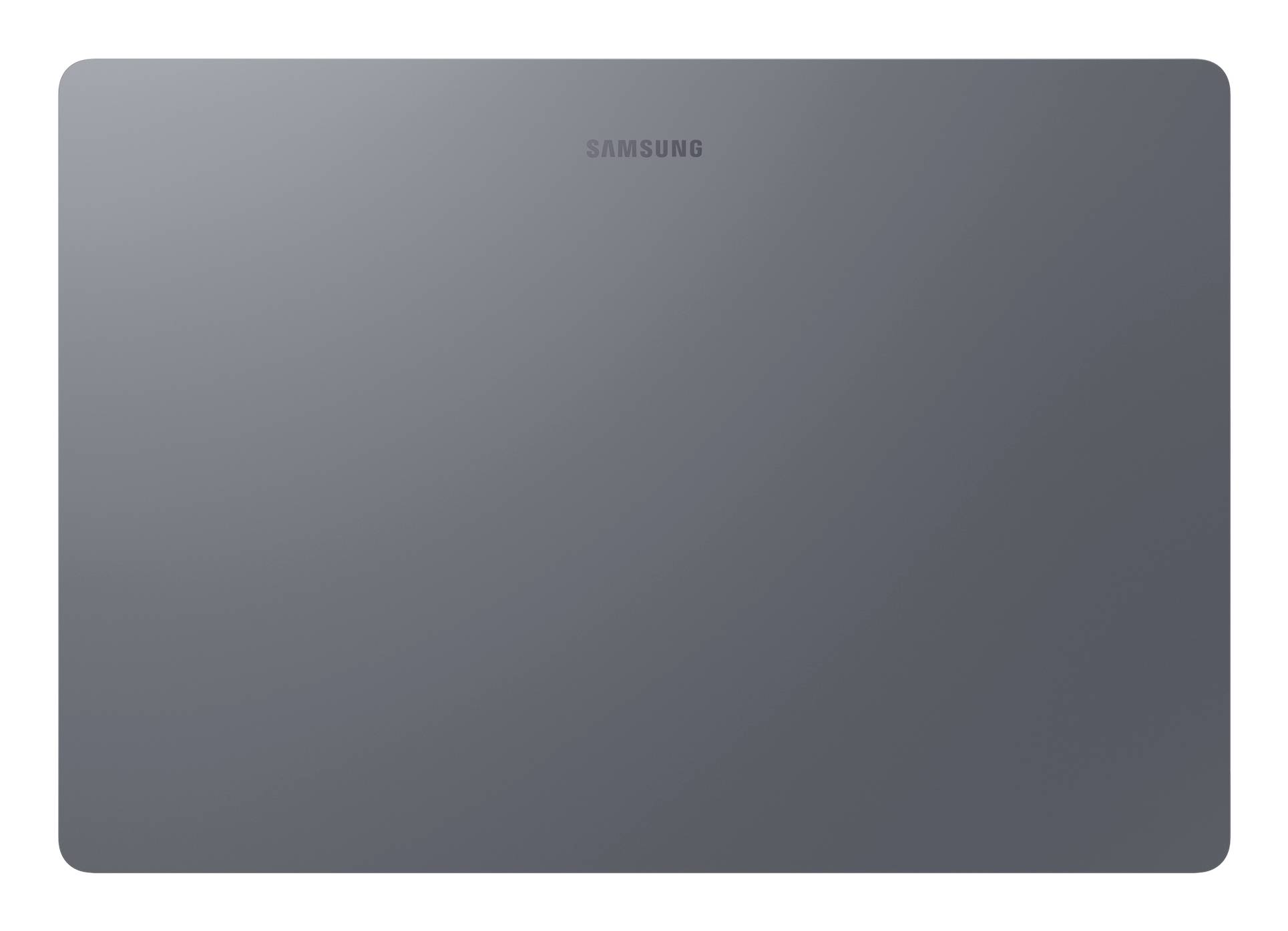 Geschlossener grauer Samsung-Laptop, Draufsicht mit zentriertem Logo.