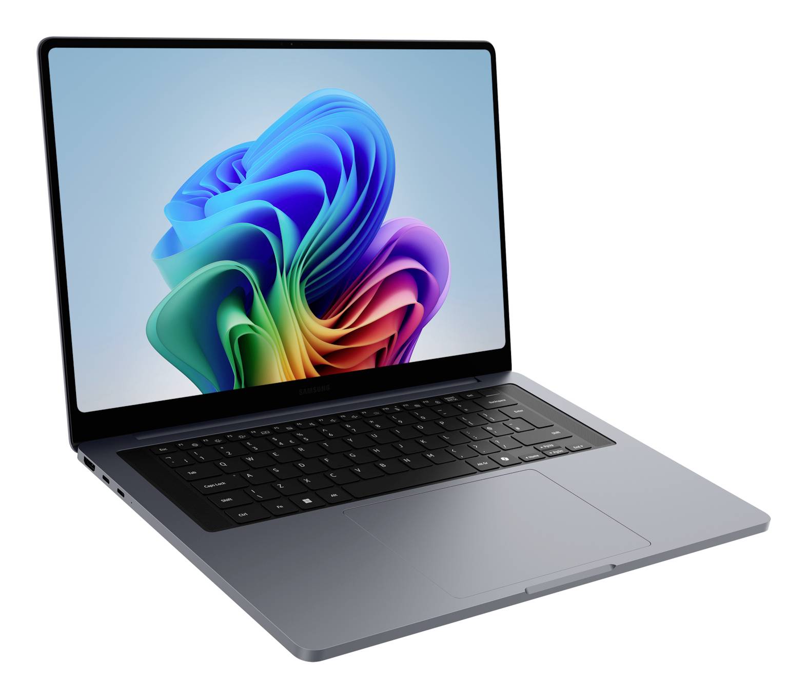 Offener Laptop mit einem farbenfrohen abstrakten Hintergrundbild auf dem Bildschirm, dargestellt in einer Dreiviertelperspektive auf weißem Hintergrund.