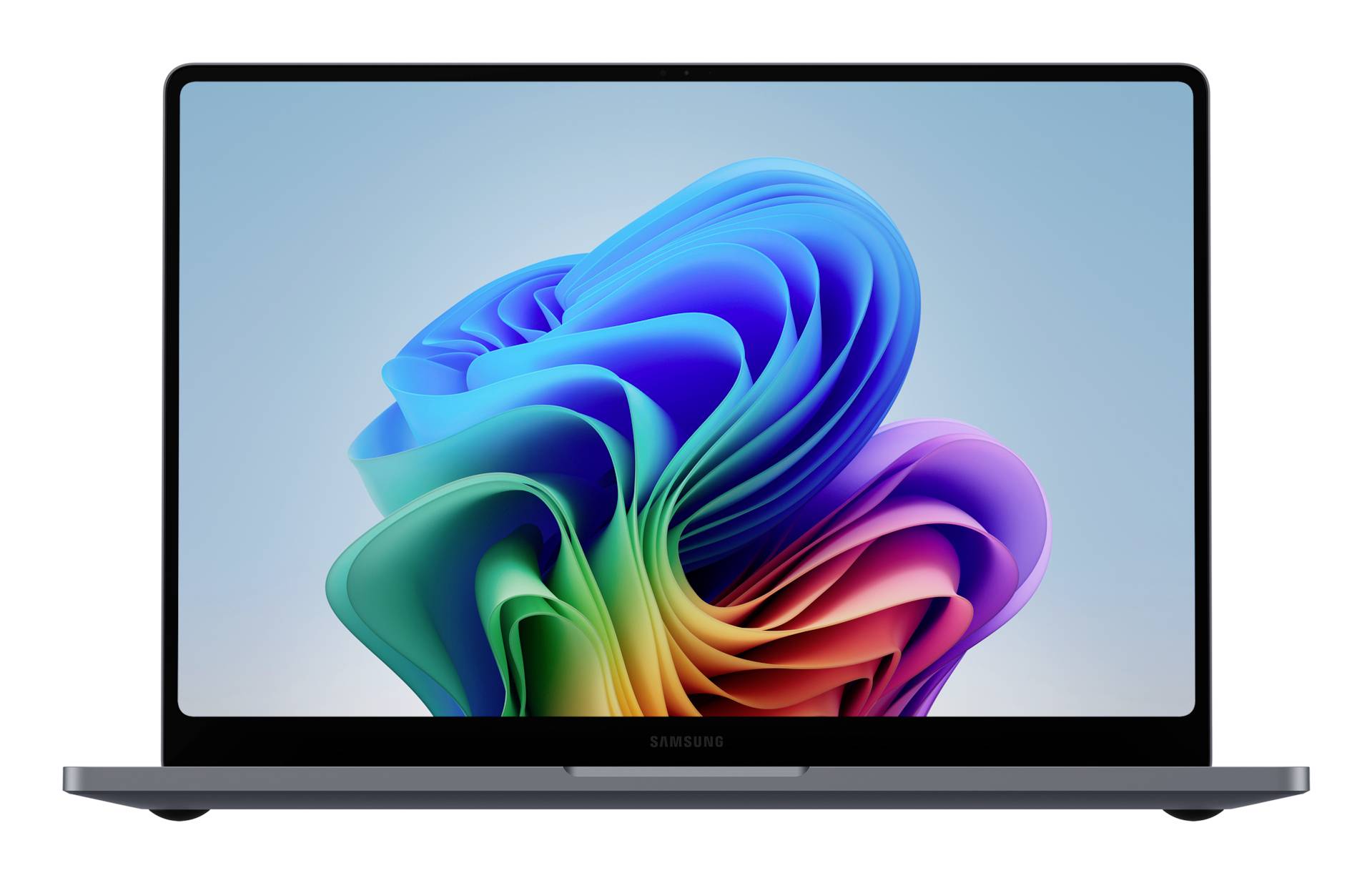 Samsung-Laptop mit buntem abstraktem Wirbel-Hintergrundbild auf dem Bildschirm, Frontansicht auf weißem Hintergrund.