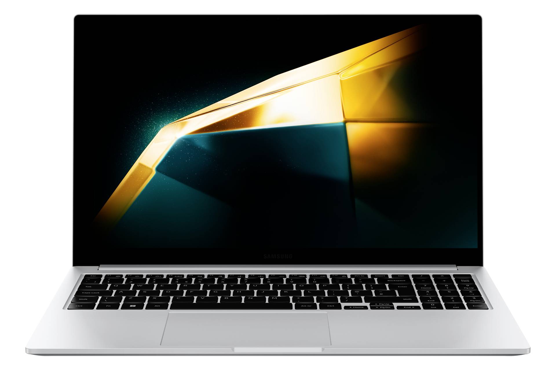 Ein silberner Laptop mit schwarzem Bildschirm, auf dem ein abstraktes goldenes geometrisches Lichtdesign angezeigt wird.