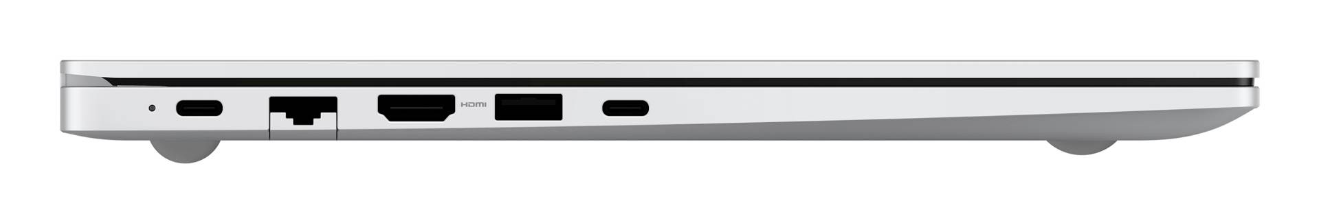 Seitenansicht eines geschlossenen silbernen Laptops, der Anschlüsse entlang der linken Kante zeigt: USB-C, HDMI, USB-A und eine Kopfhörerbuchse.