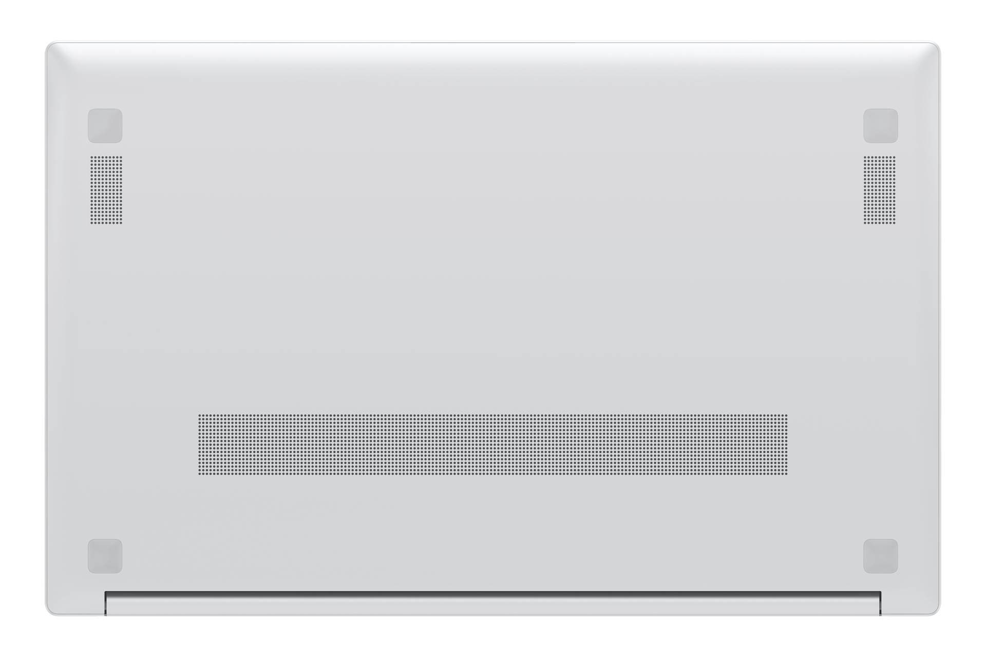Unterseite eines silbernen Laptops mit Belüftungsgittern, Gummifüßen und einer Batteriegehäuseplatte