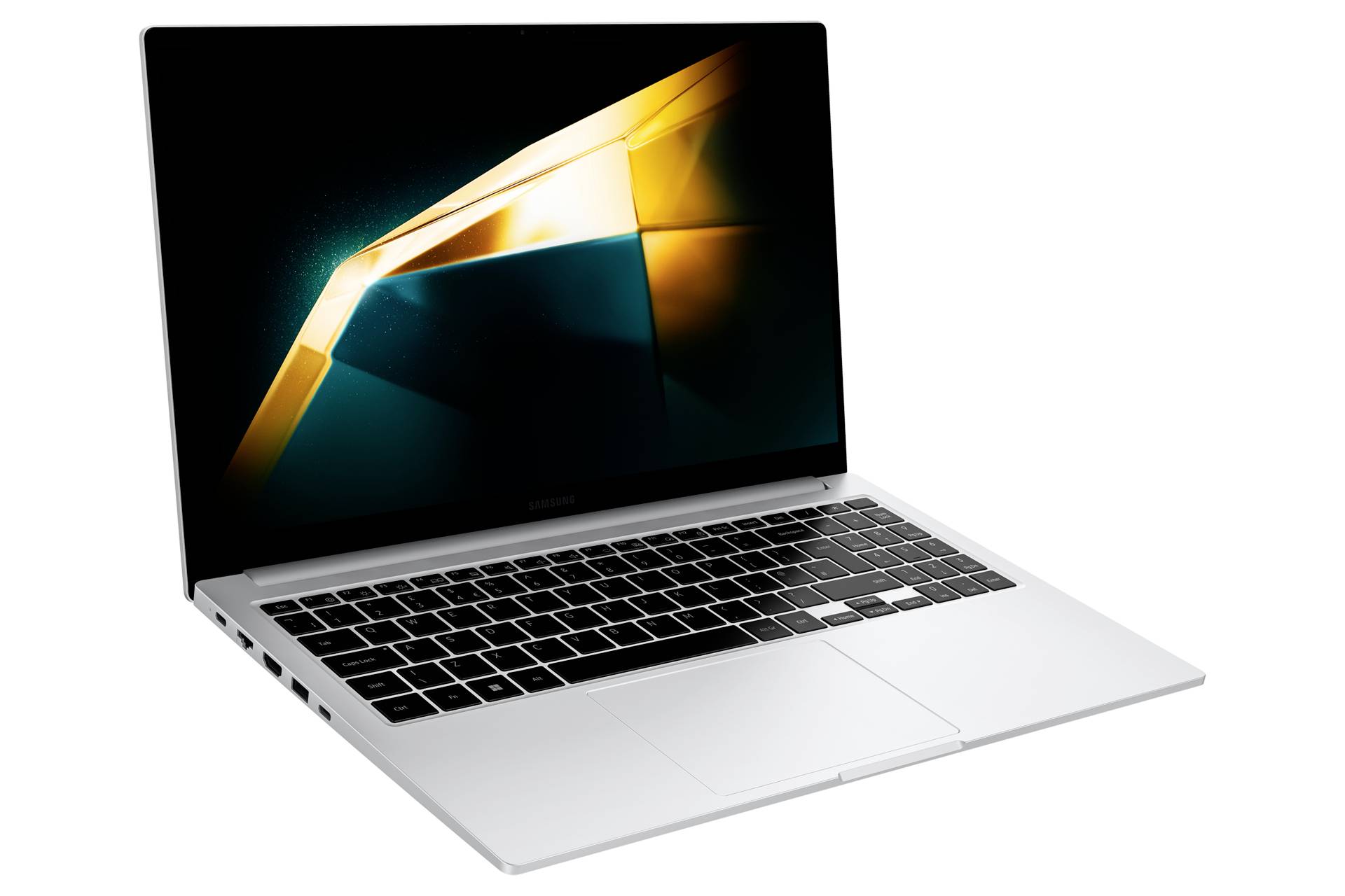 Offener silberner Laptop mit dunklem Bildschirm, auf dem ein abstraktes goldenes geometrisches Lichtdesign angezeigt wird.