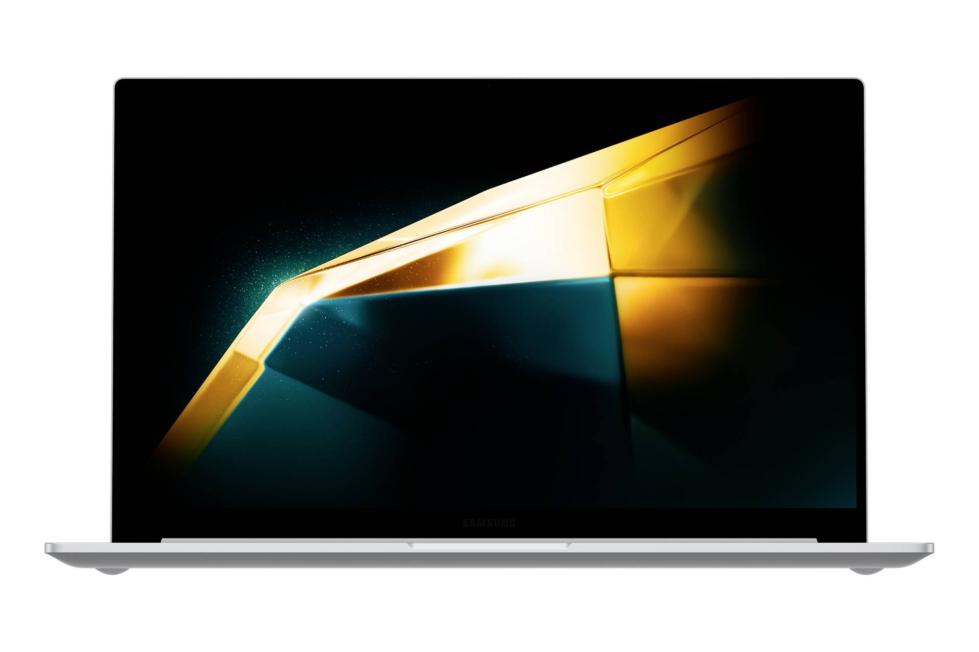 Silber-Laptop mit dunklem Bildschirm, auf dem ein abstraktes gold-geometrisches Lichtdesign angezeigt wird.