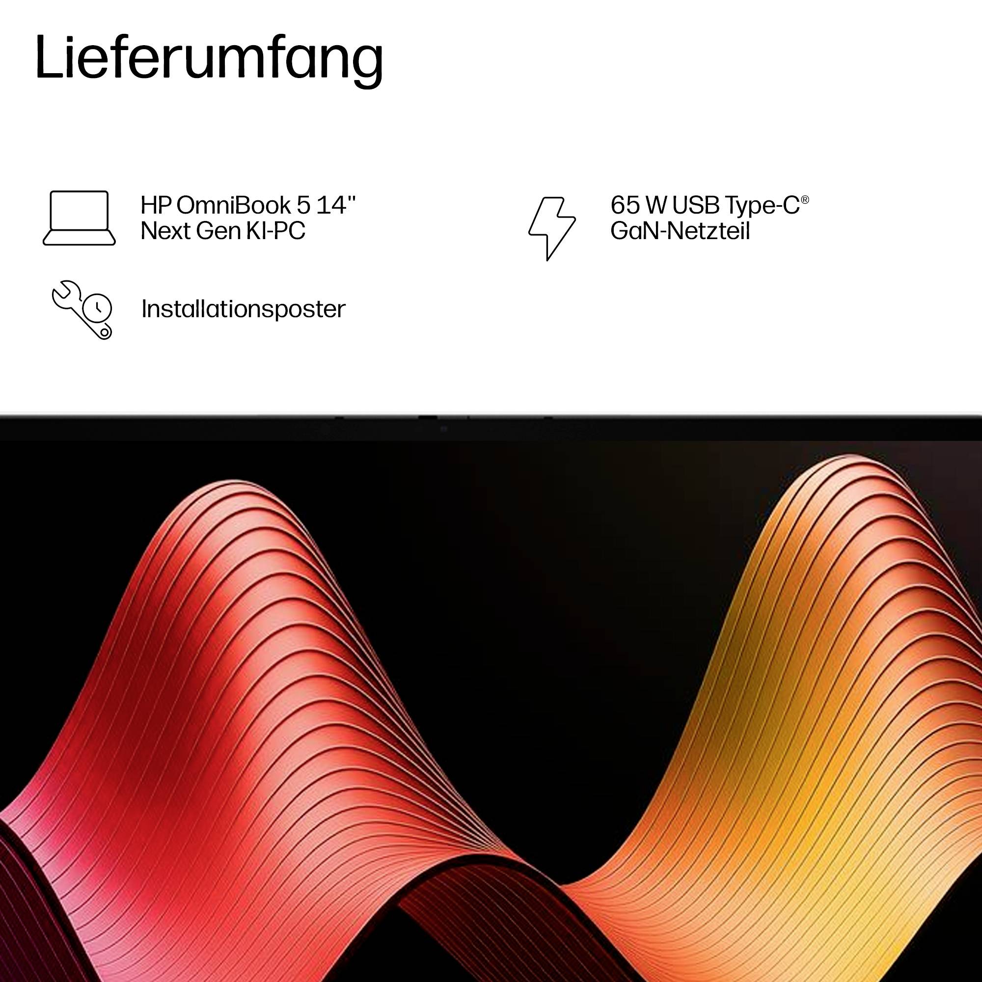 Packungsinhalt für HP OmniBook 5 14" Next Gen KI-PC: Laptop, 65-W-USB-Type-C-GaN-Netzteil und Installationsposter.