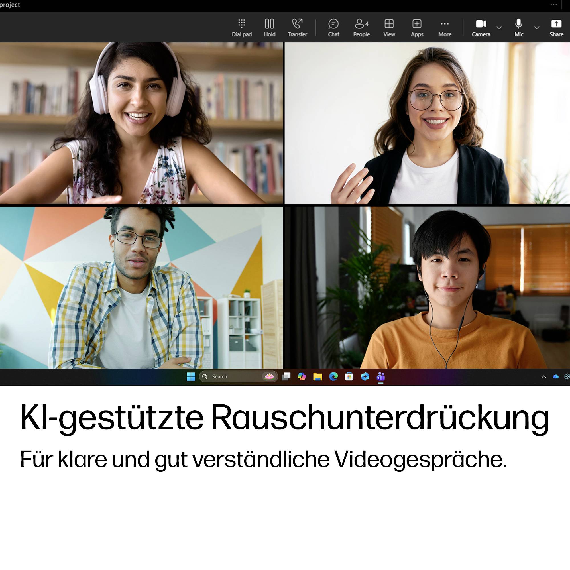 Vierpersonen-Videoanruf-Gitter mit Anrufsteuerungen, darüber deutscher Text mit „KI-gestützte Rauschunterdrückung" und „Für klare und gut verständliche Videogespräche."