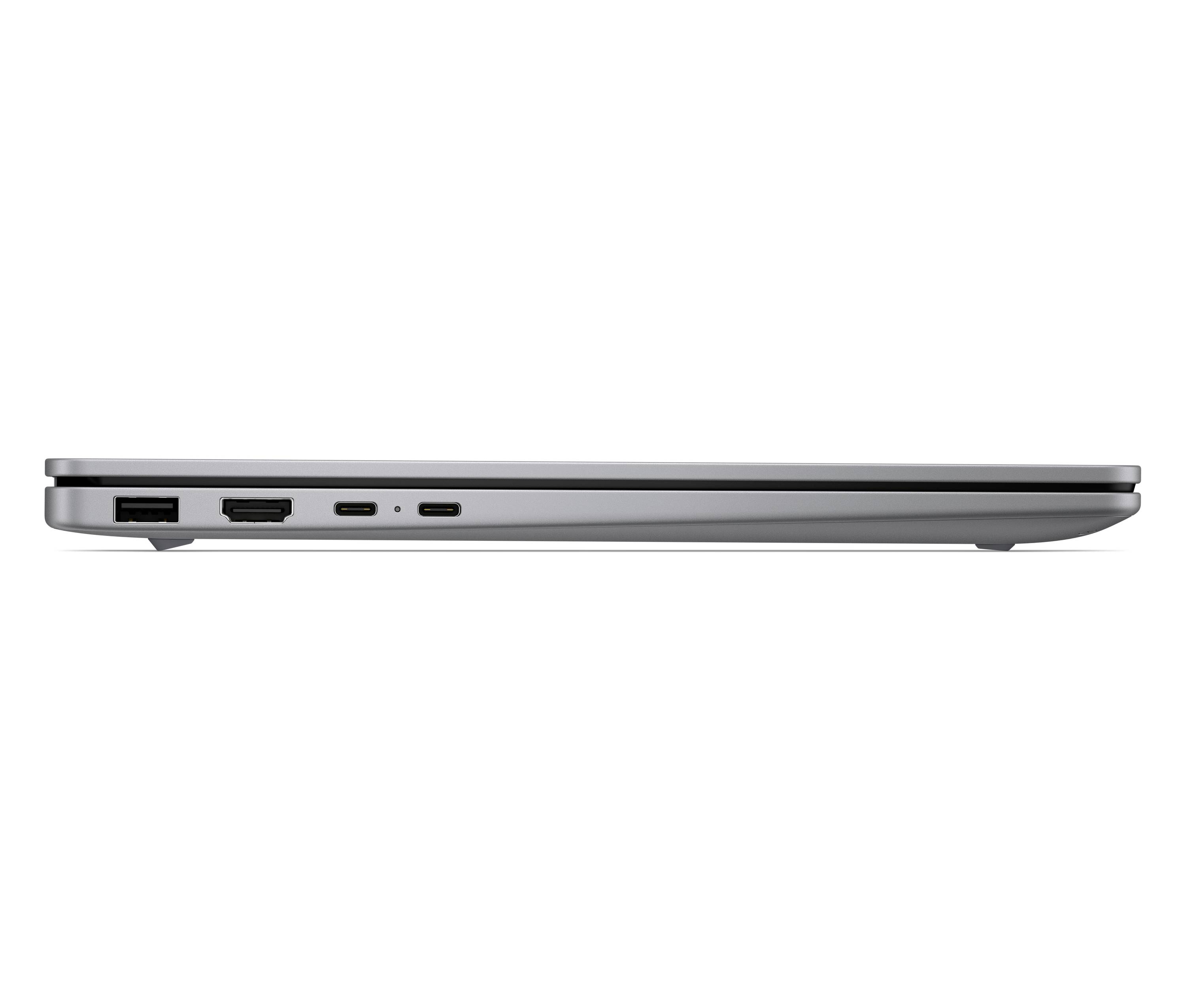 Seitenansicht eines schlanken silbernen Laptops, die die Anschlüsse an der linken Kante zeigt, einschließlich eines USB-A-Anschlusses, HDMI und zwei USB-C-Anschlüssen.