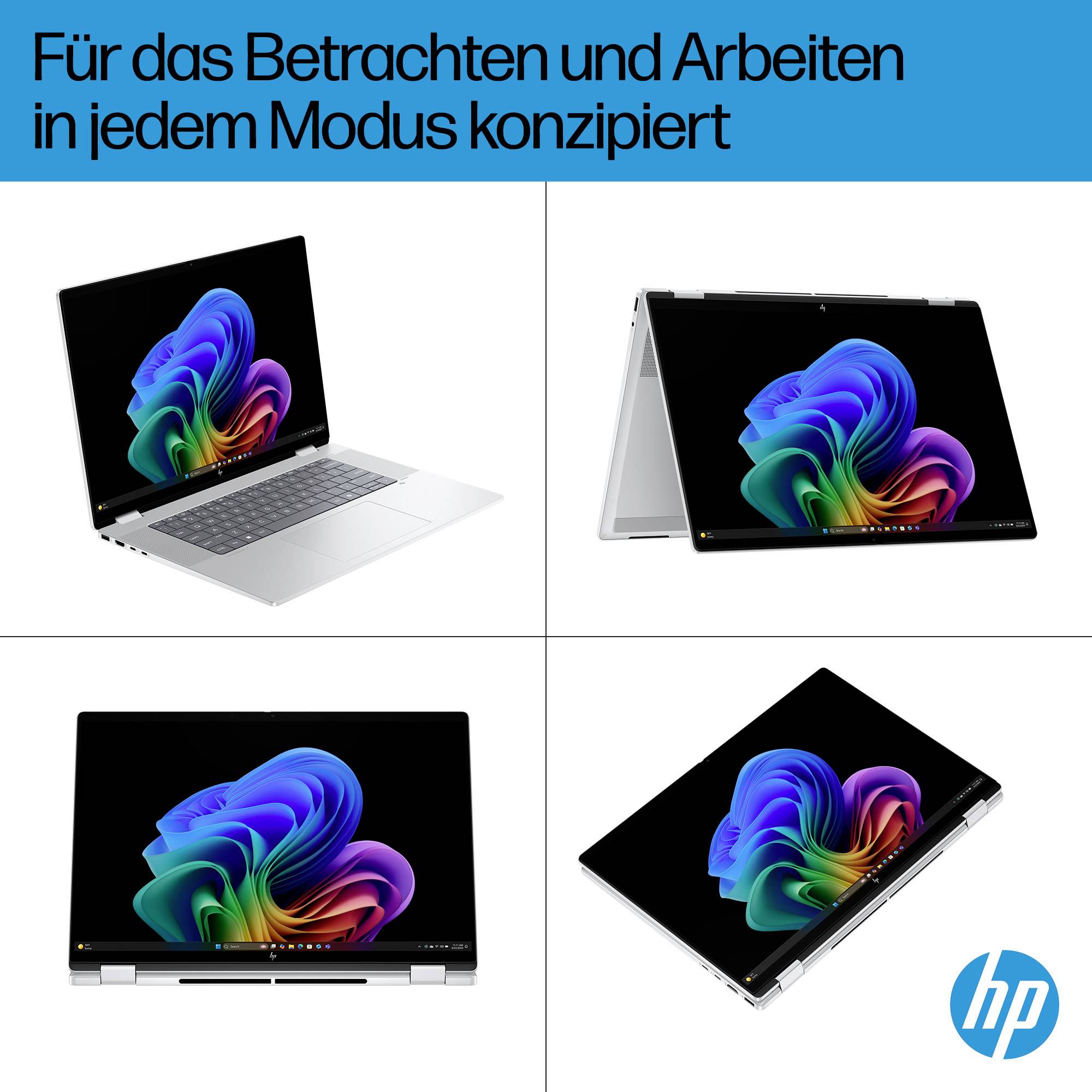 HP-Anzeige mit vier Laptop-Konfigurationen – Klappbuch-, Zelt-, Tablet- und Convertible-Modi – mit deutscher Überschrift „Für das Betrachten und Arbeiten in jedem Modus konzipiert".