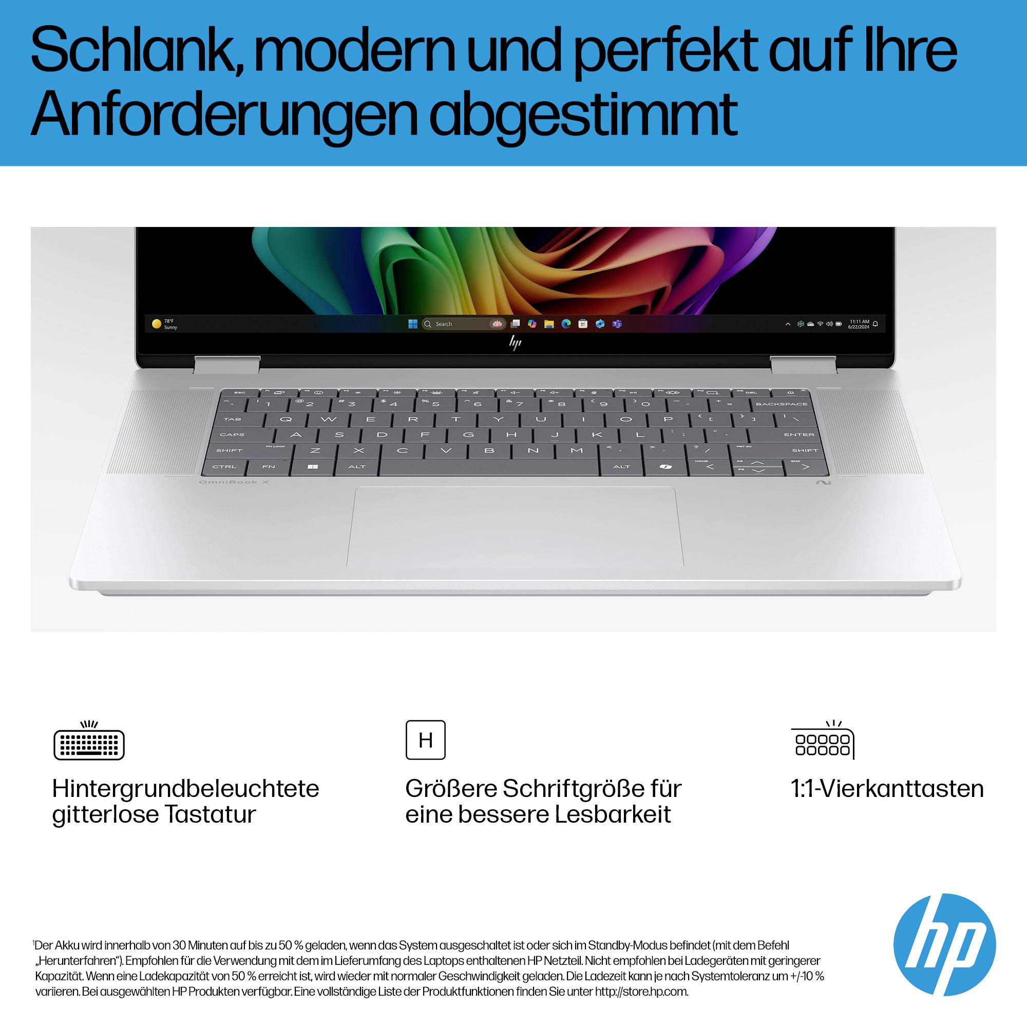 HP Laptop mit deutscher Überschrift „Schlank, modern und perfekt auf Ihre Anforderungen abgestimmt"; Features beleuchtete Tastatur, größere Schrift und 1:1 quadratische Tasten.