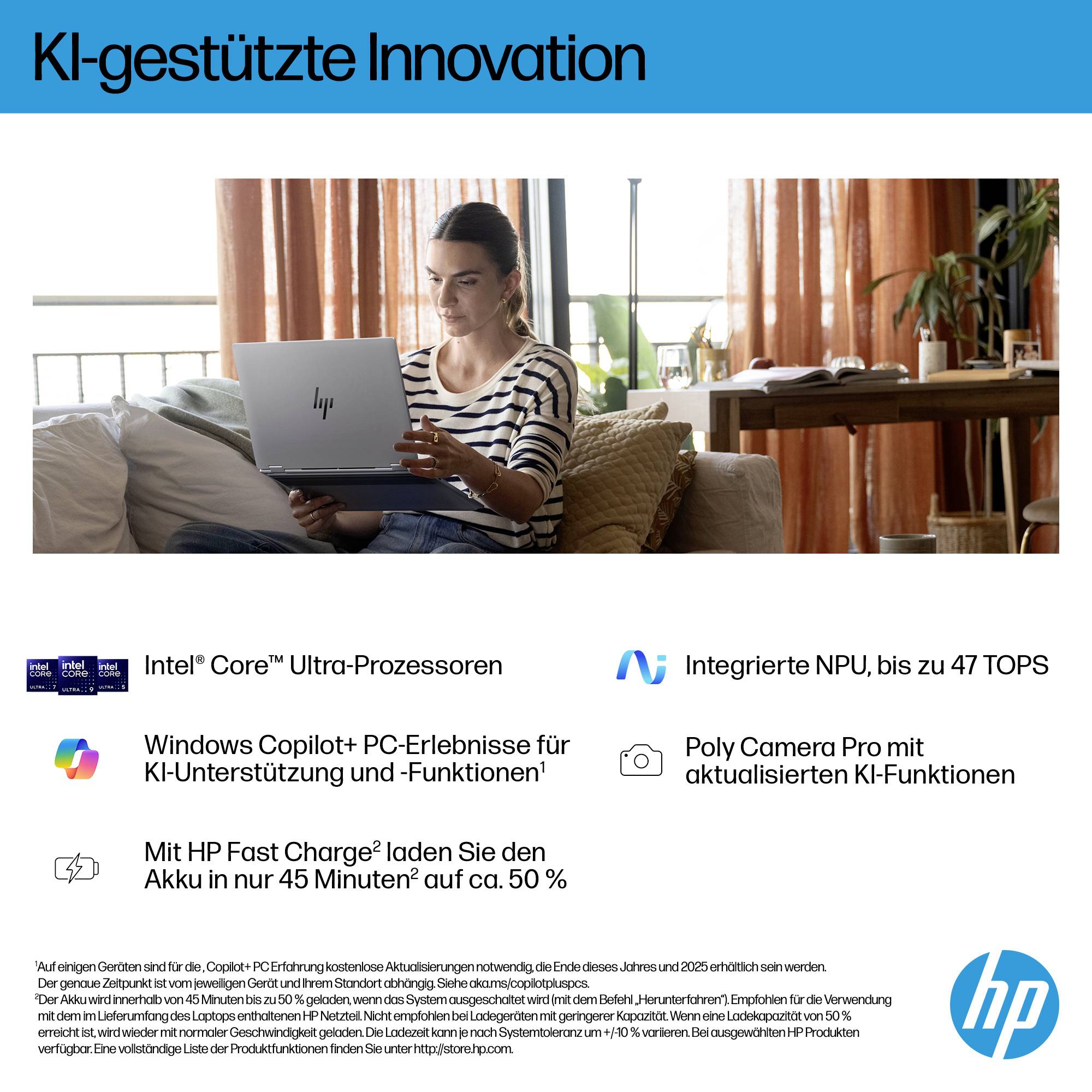 HP Laptop Promotion mit einer Frau, die einen Laptop zu Hause benutzt, unter dem Titel „KI-gestützte Innovation", mit aufgelisteten Funktionen wie Intel Core Ultra, integrierter NPU, Windows Copilot, Kamera und schnellem Laden.