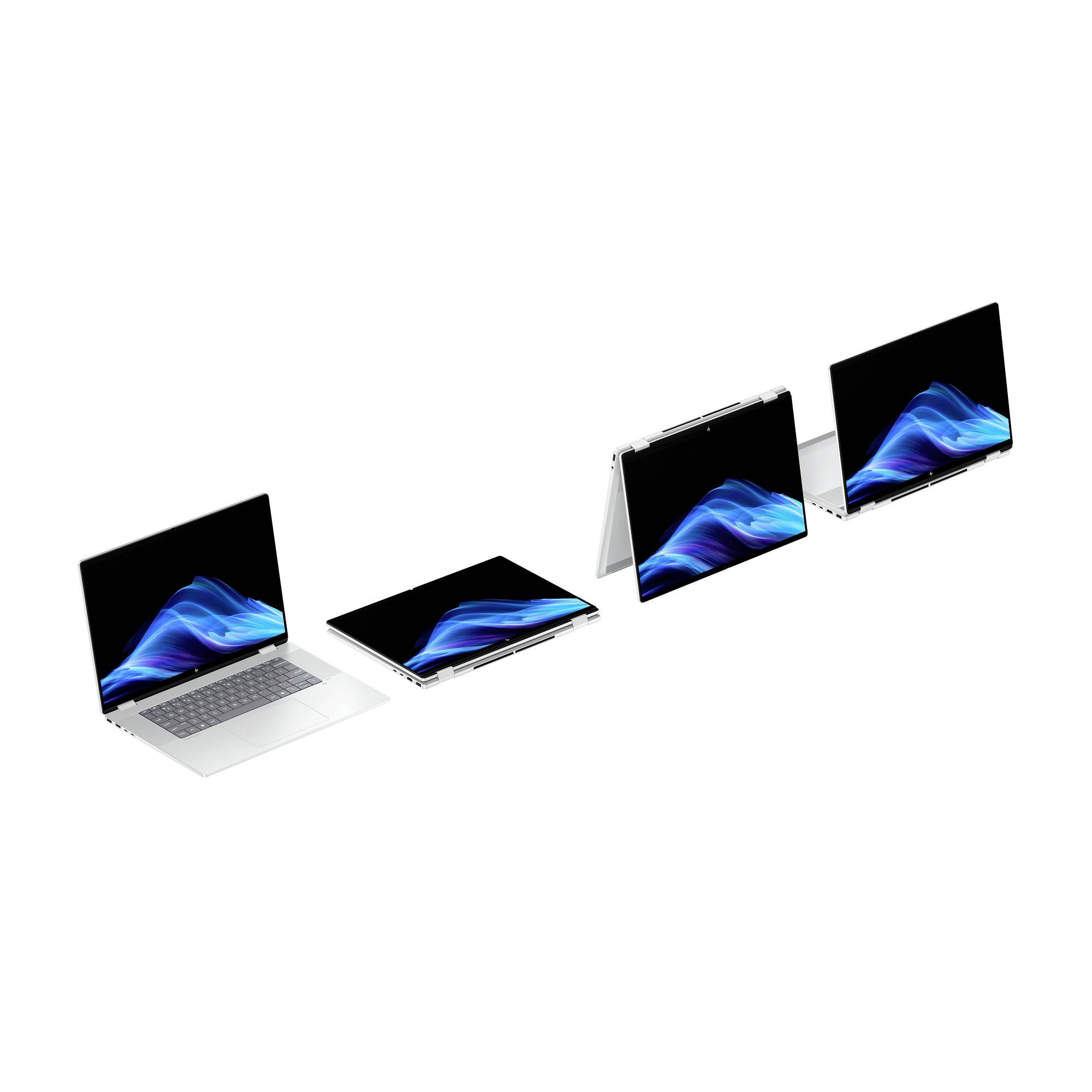 Vier 2-in-1-Laptop-/Tablet-Geräte in verschiedenen Positionen dargestellt, die eine blaue abstrakte Welle auf schwarzen Bildschirmen anzeigen.