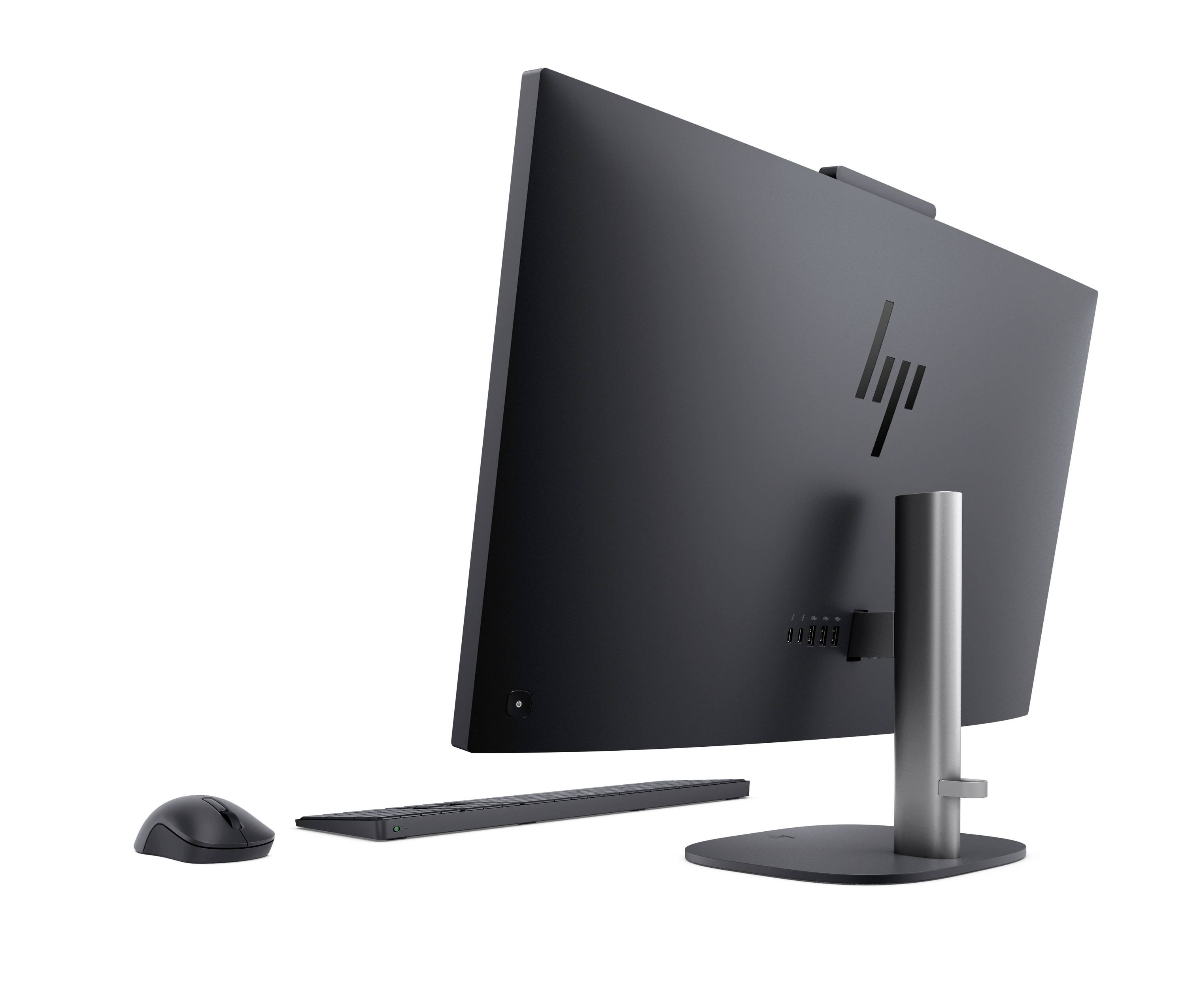 Seitenansicht eines HP All-in-One-Desktop-Monitors mit Ständer, dargestellt mit einer Tastatur und einer Maus auf weißem Hintergrund.