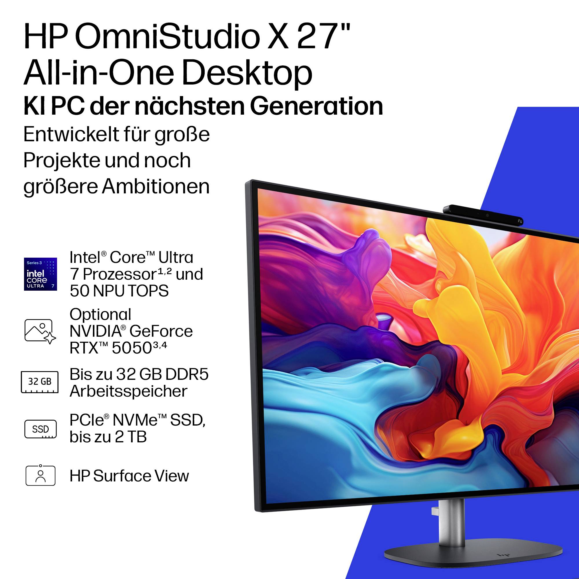 HP OmniStudio X 27 All-in-One-Desktop, beworben als Next-Generation-AI-PC, mit Intel Core Ultra 7, optionaler NVIDIA GeForce RTX 5050, 32 GB DDR5 und bis zu 2 TB SSD.