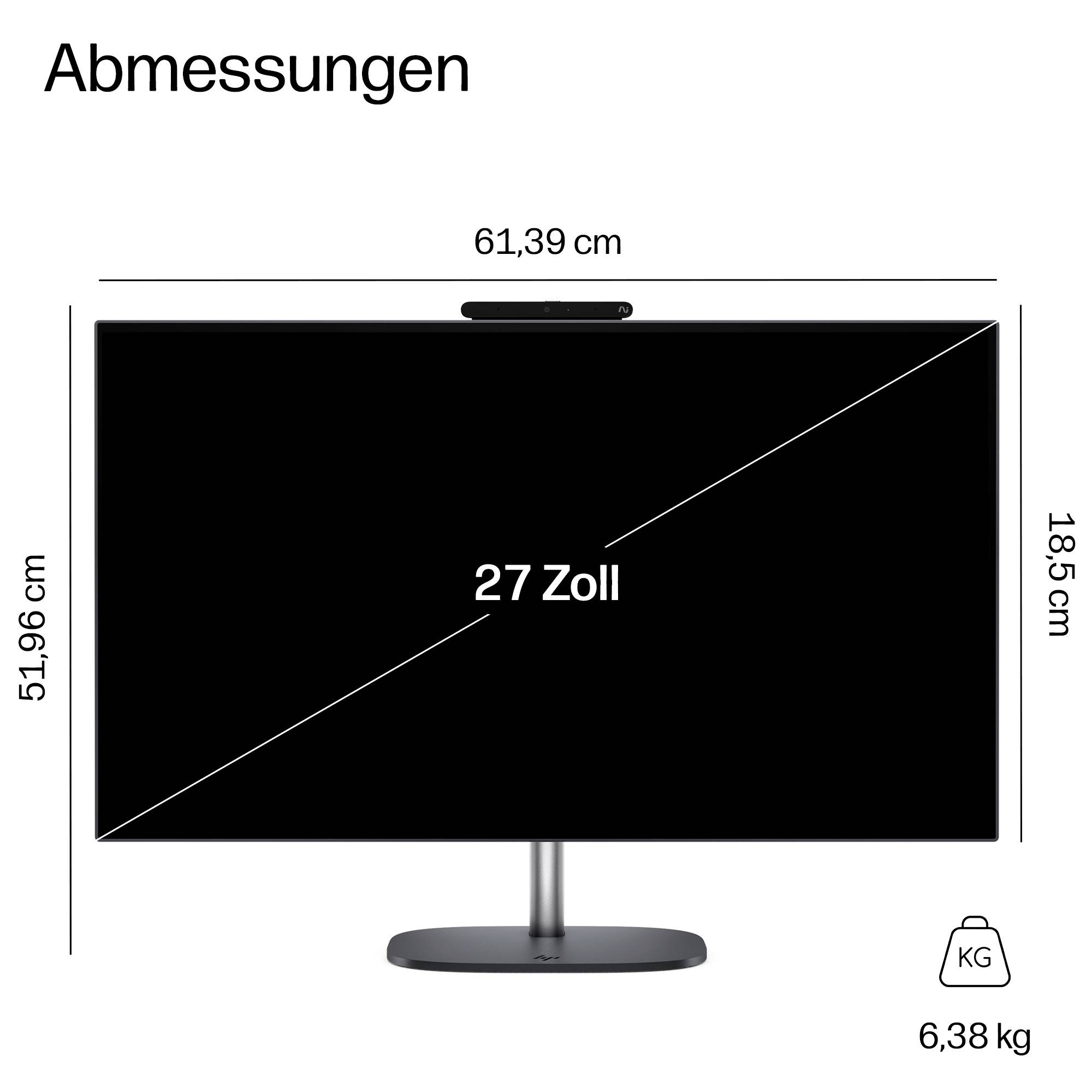 Abmessungsdiagramm eines 27-Zoll-Monitors mit der Bezeichnung „Abmessungen", das die Größe von 61,39 cm Breite, 51,96 cm Höhe, 18,5 cm Tiefe und ein Gewicht von 6,38 kg anzeigt.