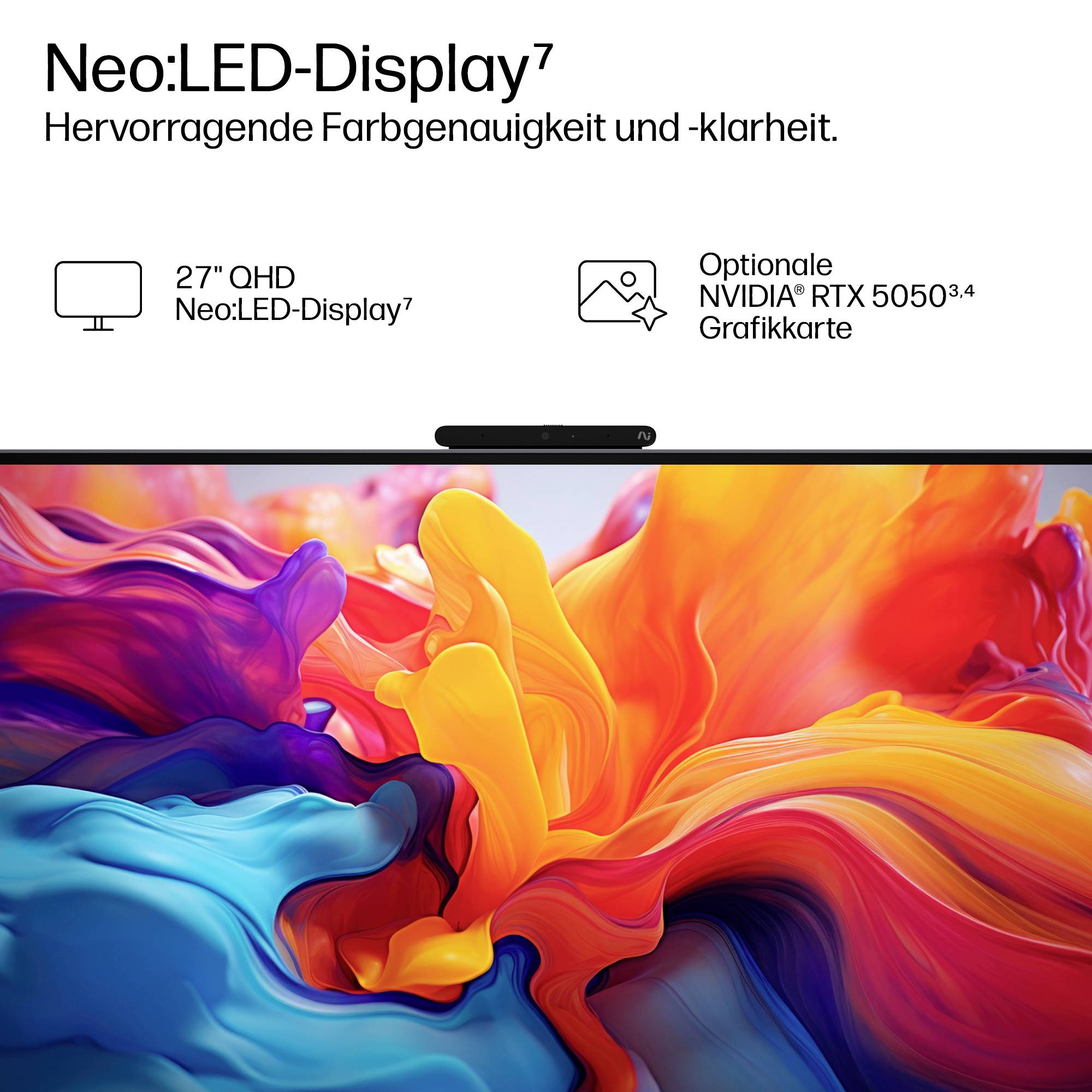 Werbegrafik für ein Neo:LED-Display, das "Hervorragende Farbgenauigkeit und -klarheit" hervorhebt, 27-Zoll QHD Neo:LED-Display und optionale NVIDIA RTX 5050-Grafikkarte.