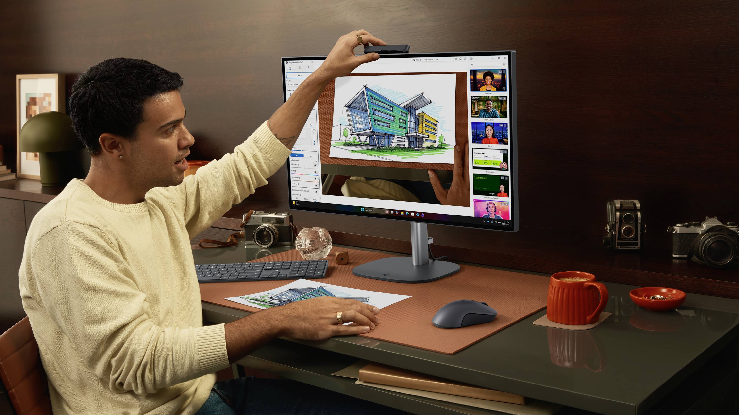 Ein Mann bearbeitet eine Illustration eines Architekturgebäudes auf einem Desktop-Monitor und passt das Bild in Design-Software an einem Schreibtisch an.