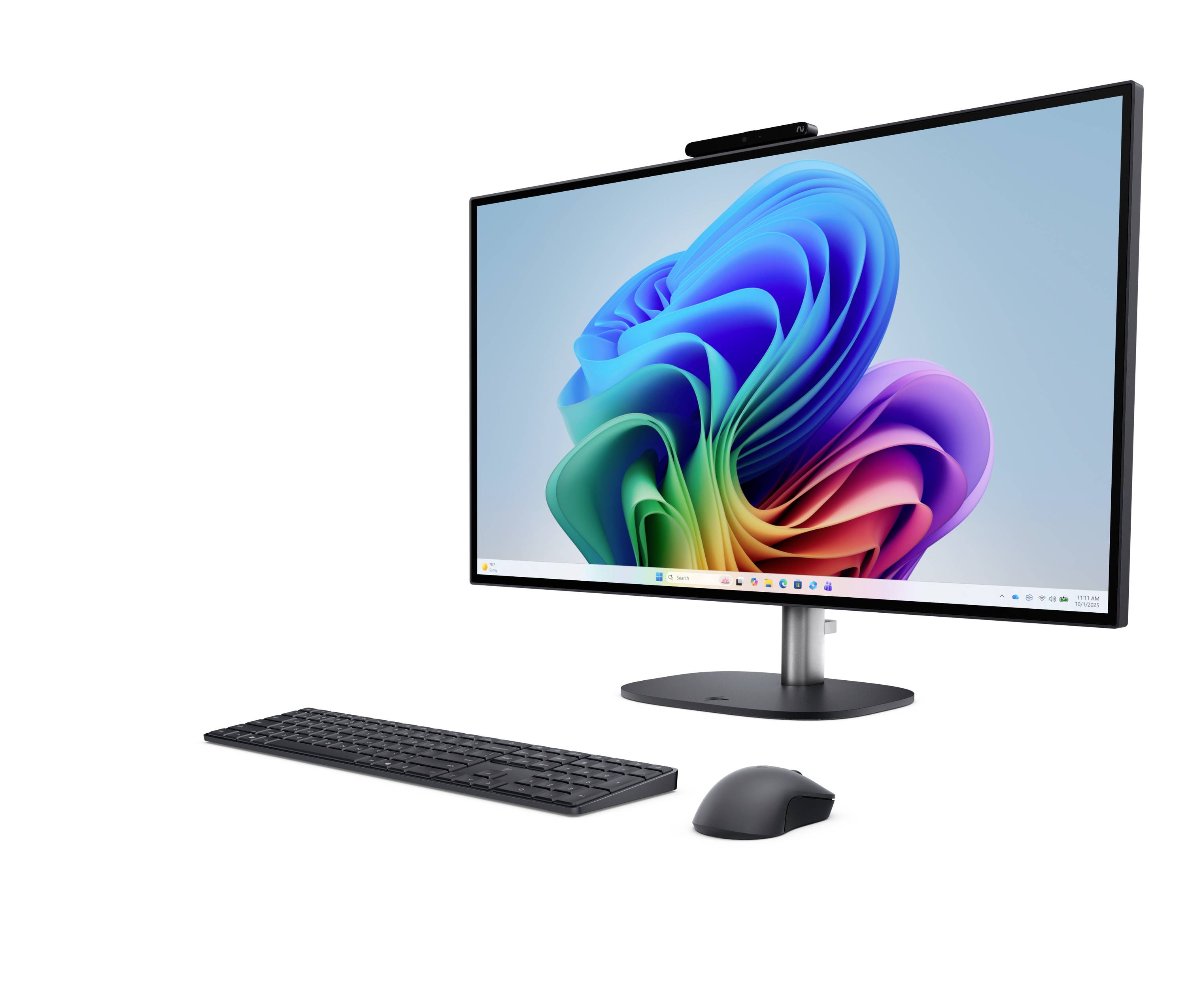 Ein Desktop-Computer-Setup mit einem Breitbildmonitor, einer Tastatur und einer Maus auf weißem Hintergrund.
