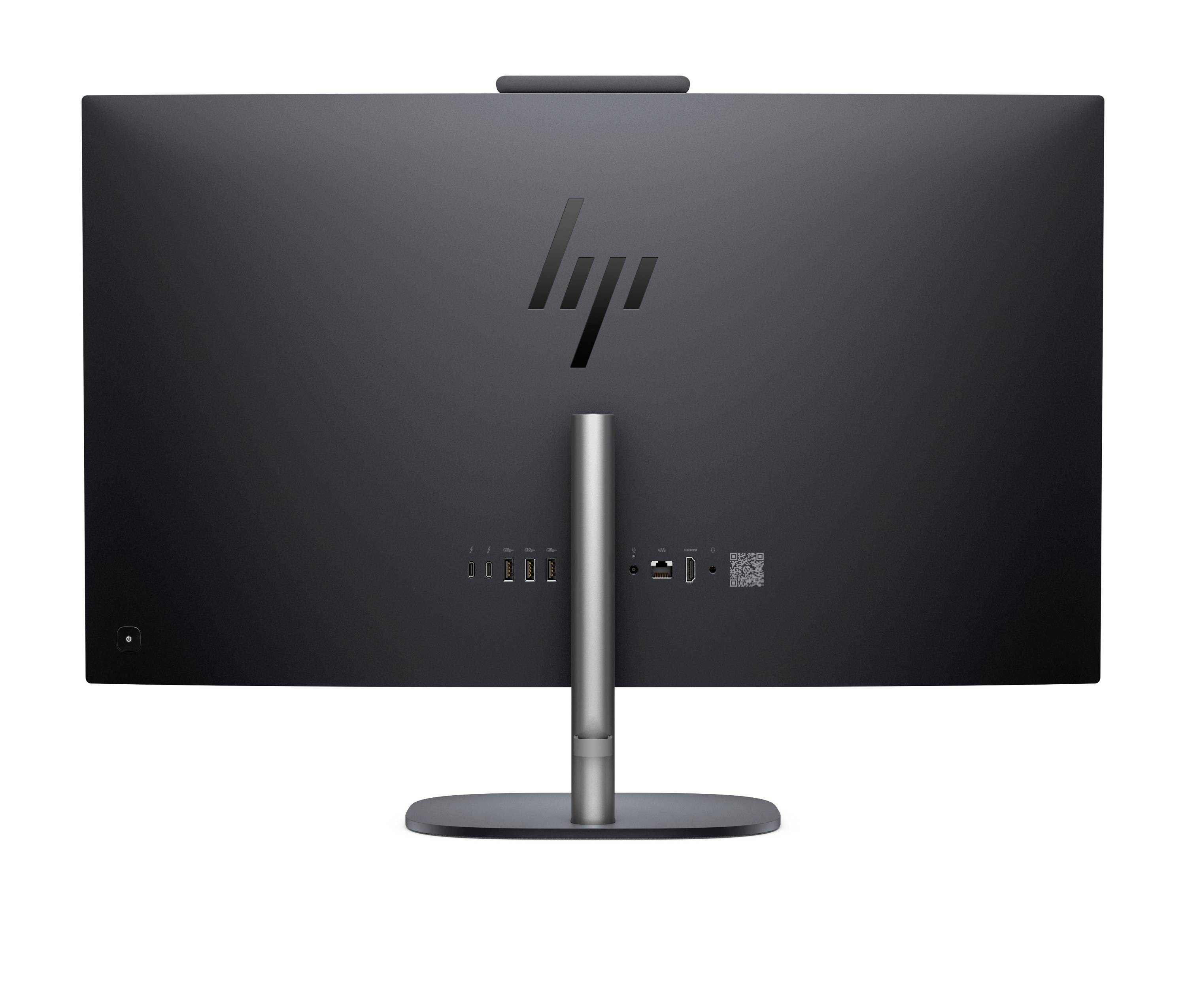 Rückansicht eines schwarzen HP-Desktop-Monitors auf einem Ständer, der das HP-Logo und die hinteren Anschlüsse in der Nähe der unteren Mittelbereiche zeigt.