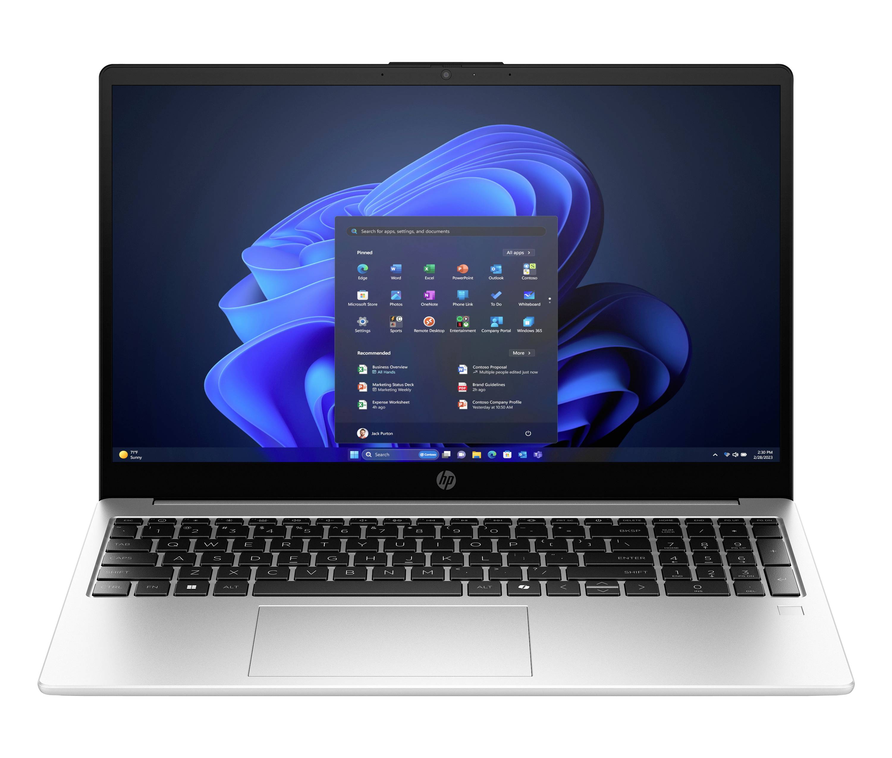 Silber-HP-Laptop mit Windows 11 Desktop und geöffnetem Startmenü auf blauem abstraktem Hintergrund.
