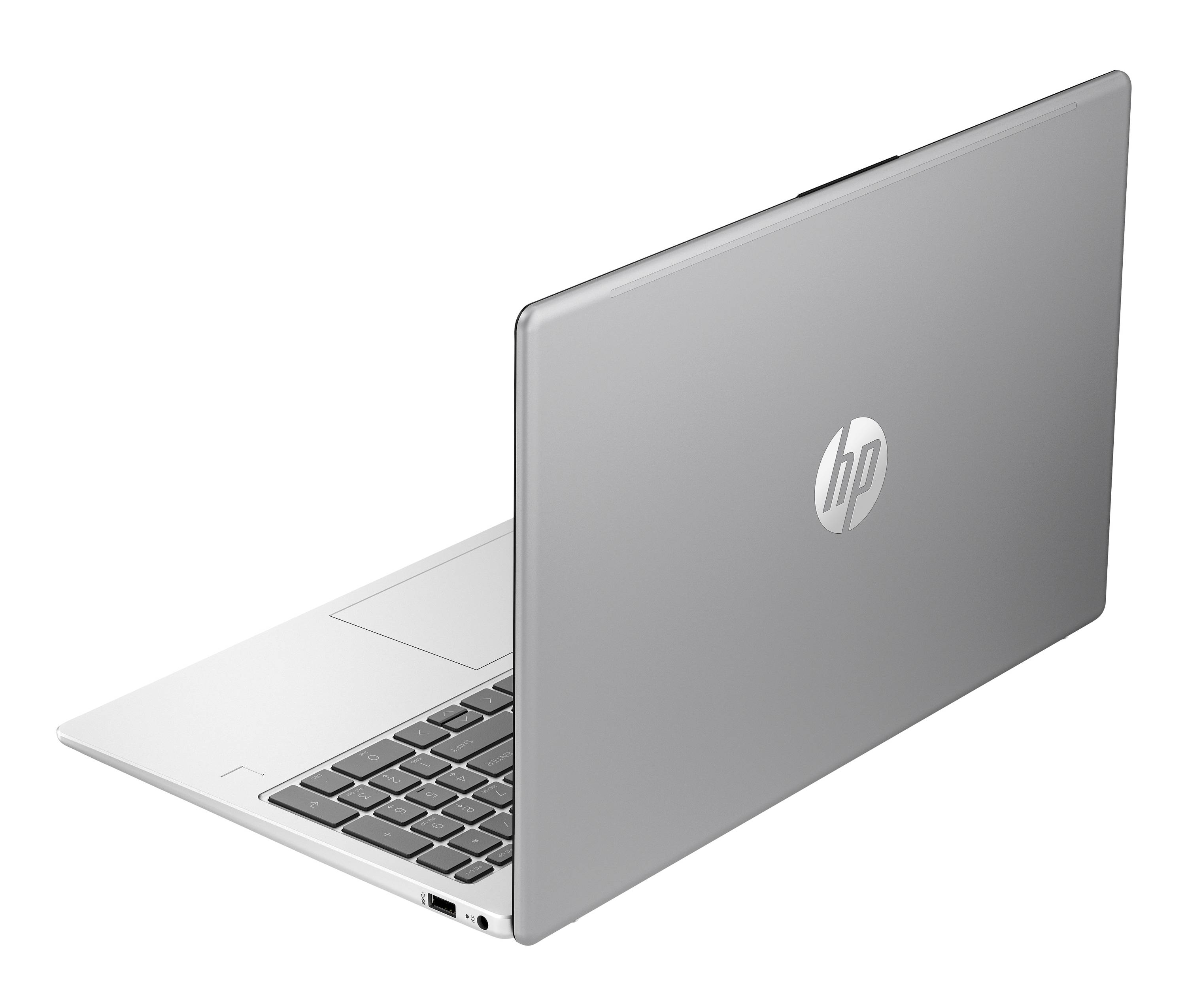 Tragbarer HP-Laptop aus Silber in geschlossenem Zustand, unter einem Winkel auf weißem Hintergrund gezeigt, mit teilweise sichtbarer Tastatur und HP-Logo auf dem Deckel.