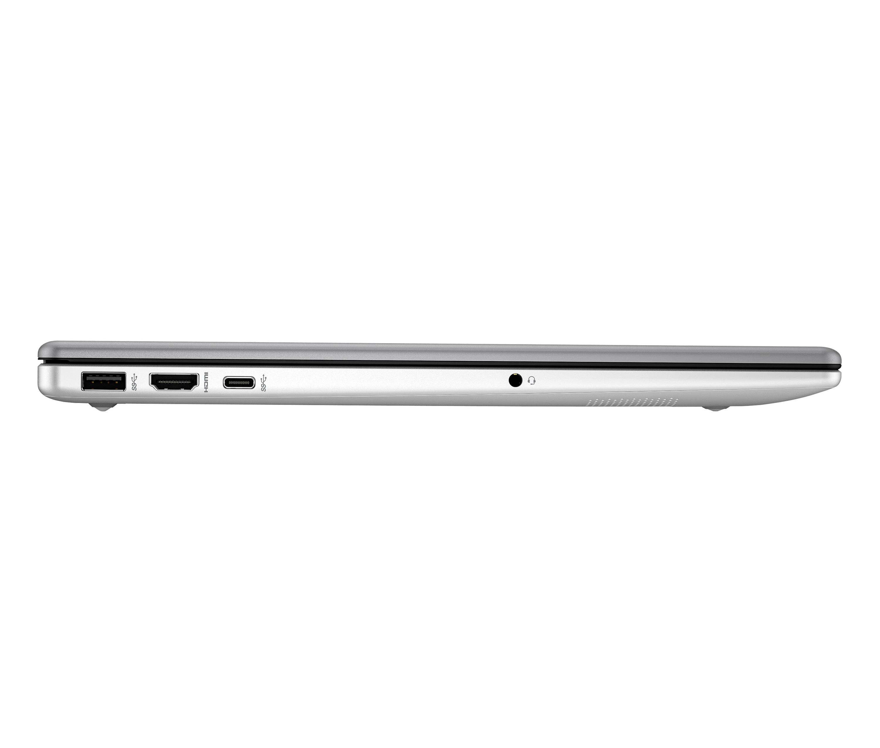 Seitenansicht eines geschlossenen silbernen Laptops, das seine linke Kante mit USB-, HDMI- und Audioanschlüssen zeigt.