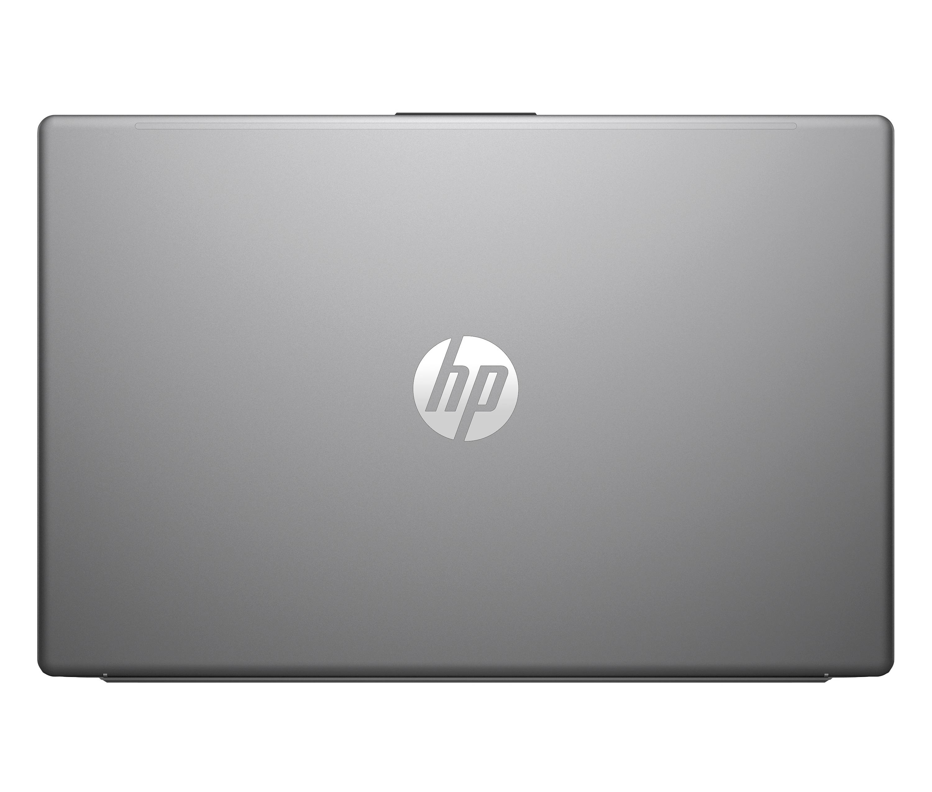 Geschlossener silberner HP-Laptop von oben betrachtet, zentriert auf weißem Hintergrund.