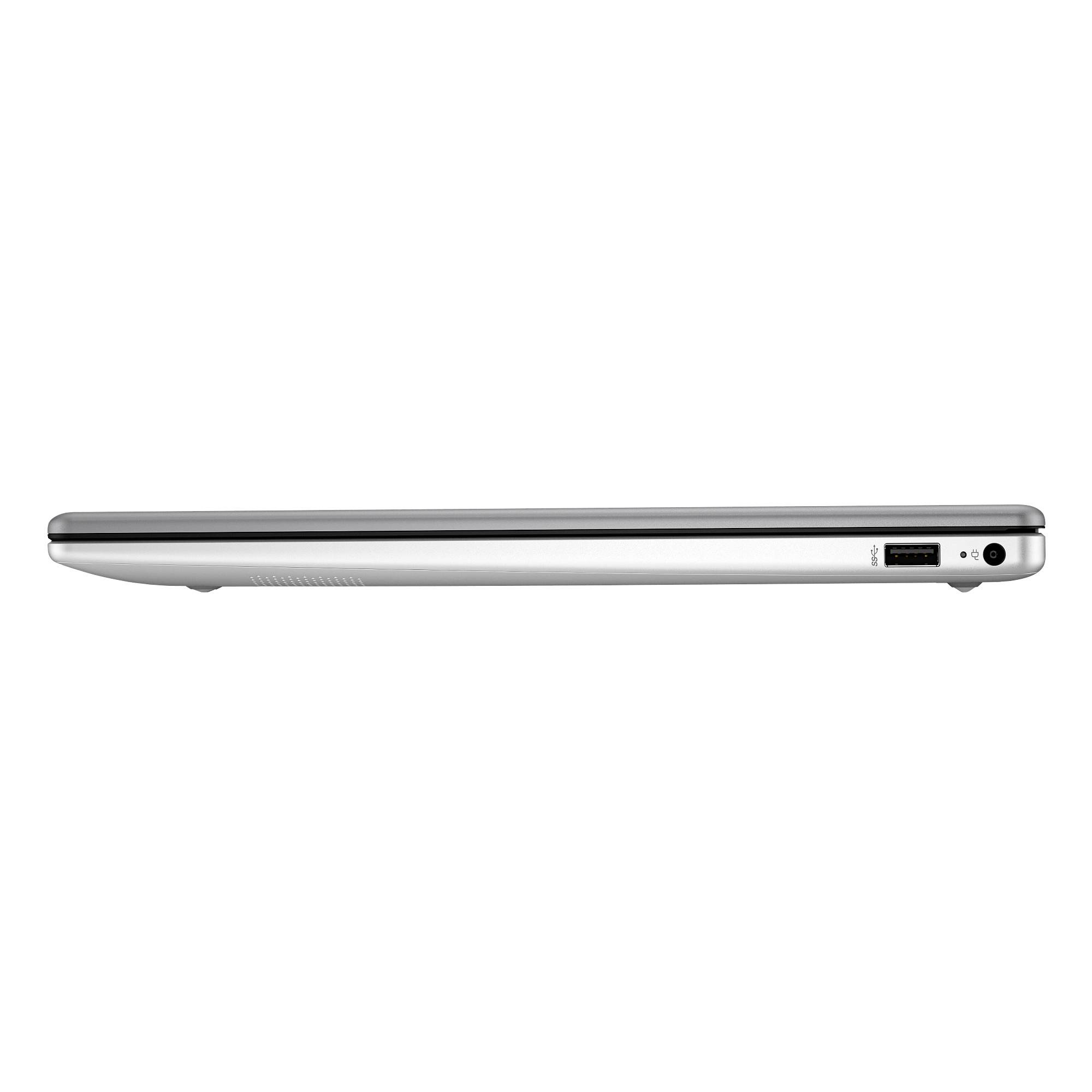 Seitenansicht eines geschlossenen silbernen Laptops, die das dünne Profil, den USB-Anschluss und die Stromtaste zeigt.