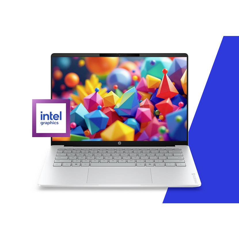 Ein silberner Laptop, auf dem bunte 3D-Geometrieformen angezeigt werden, mit einem „Intel Graphics"-Logo-Badge auf der linken Seite und einer blauen diagonalen Akzentlinie auf der rechten Seite.