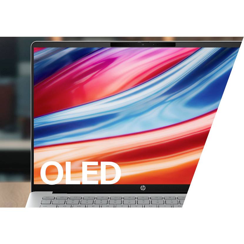 Laptop mit farbenfrohem abstraktem Bildschirm, auf dem großer „OLED"-Text angezeigt wird, was auf eine Anzeige für OLED-Displayfunktionen hindeutet.