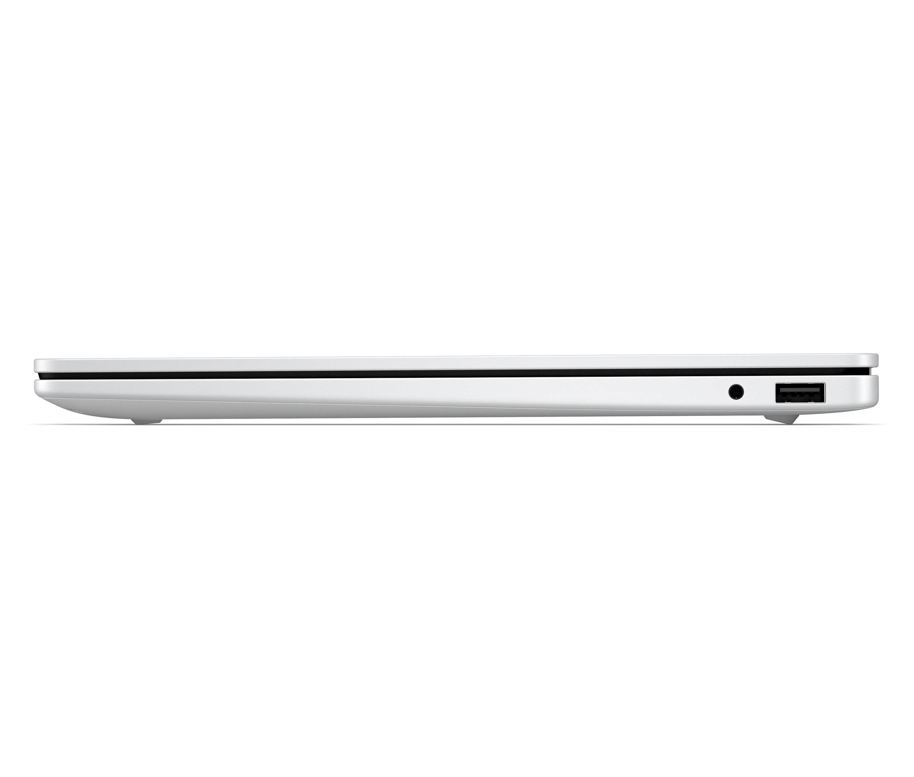 Seitenansicht eines geschlossenen silbernen Laptops, das einen USB-Anschluss und eine Kopfhörerbuchse an der rechten Kante zeigt.