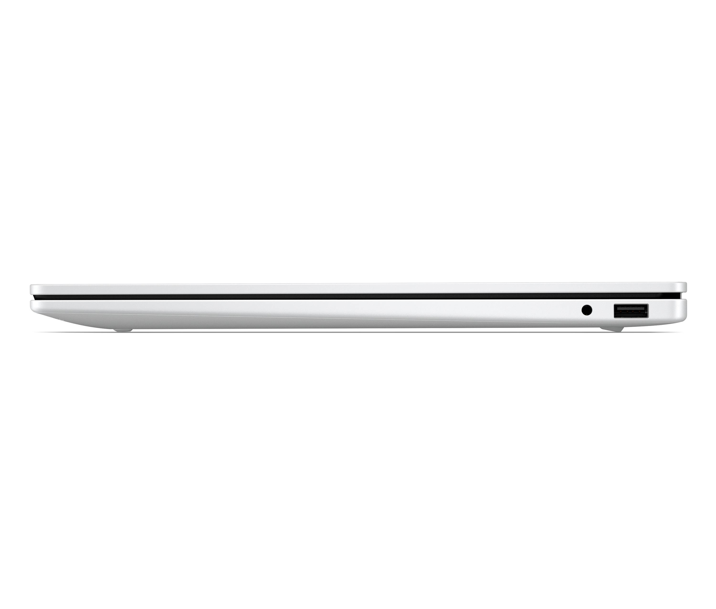 Seitenansicht eines geschlossenen silbernen Laptops mit schlankem Profil, mit einem USB-Anschluss und einer Kopfhörerbuchse auf der rechten Seite.