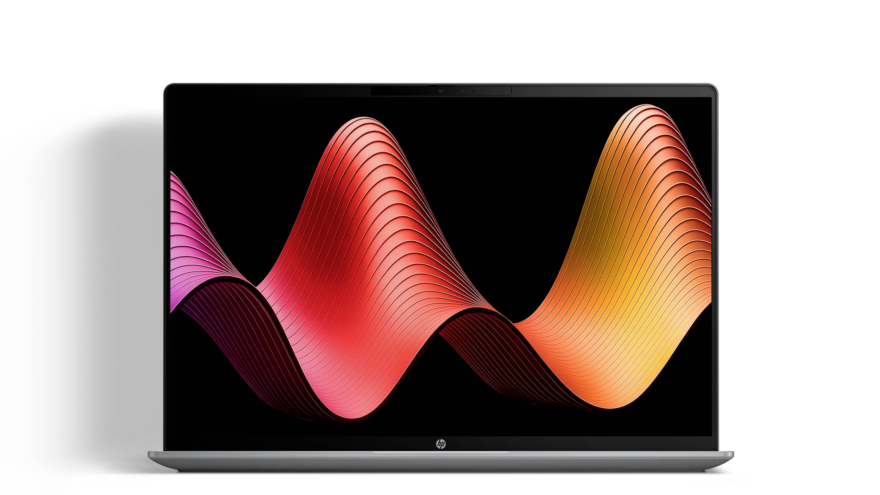 Laptop mit einer abstrakten wellenförmigen Bänder-Grafik in Rot, Rosa und Orange auf schwarzem Bildschirm