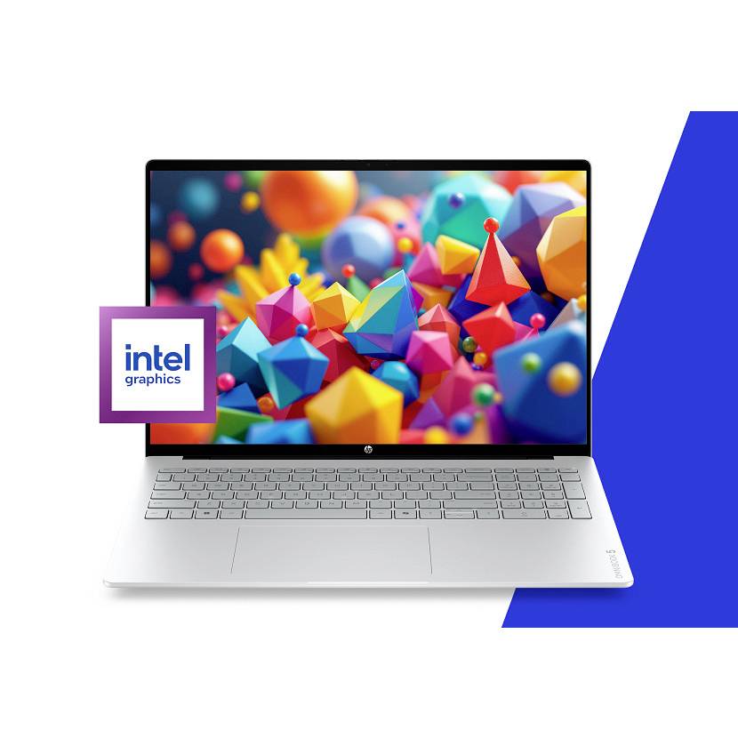 Silberner Laptop, der ein farbenfrohes abstraktes 3D-Bild anzeigt, mit einem Intel Graphics-Logo-Abzeichen auf der linken Seite.