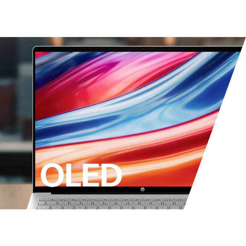 Laptop-Display mit farbenfrohen abstrakten Wirbeln und großem „OLED"-Text, der die Bildschirmtechnologie hervorhebt.