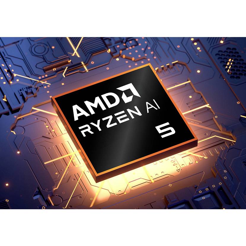 AMD Ryzen AI 5-Prozessor-Chip-Grafik leuchtend auf blauem Leiterplattenhintergrund.
