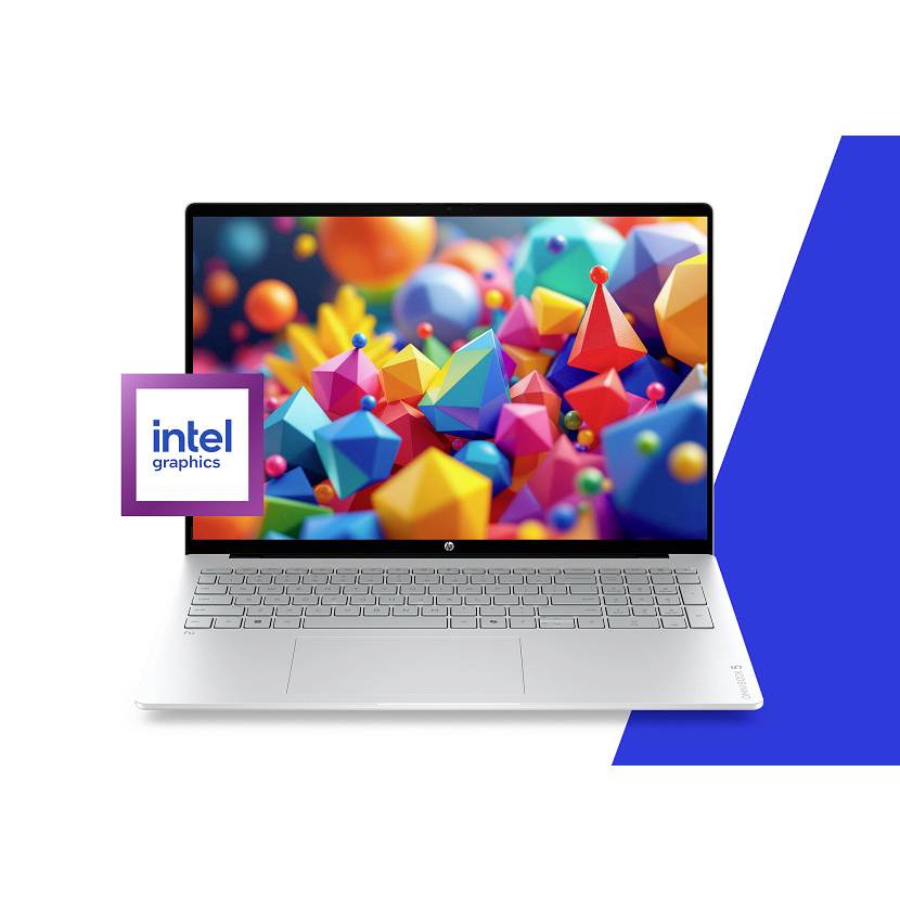 Silberner Laptop mit bunten geometrischen Formen auf dem Bildschirm und einem Intel Graphics Logo-Badge vor einem weißen Hintergrund mit einer blauen Akzentform.