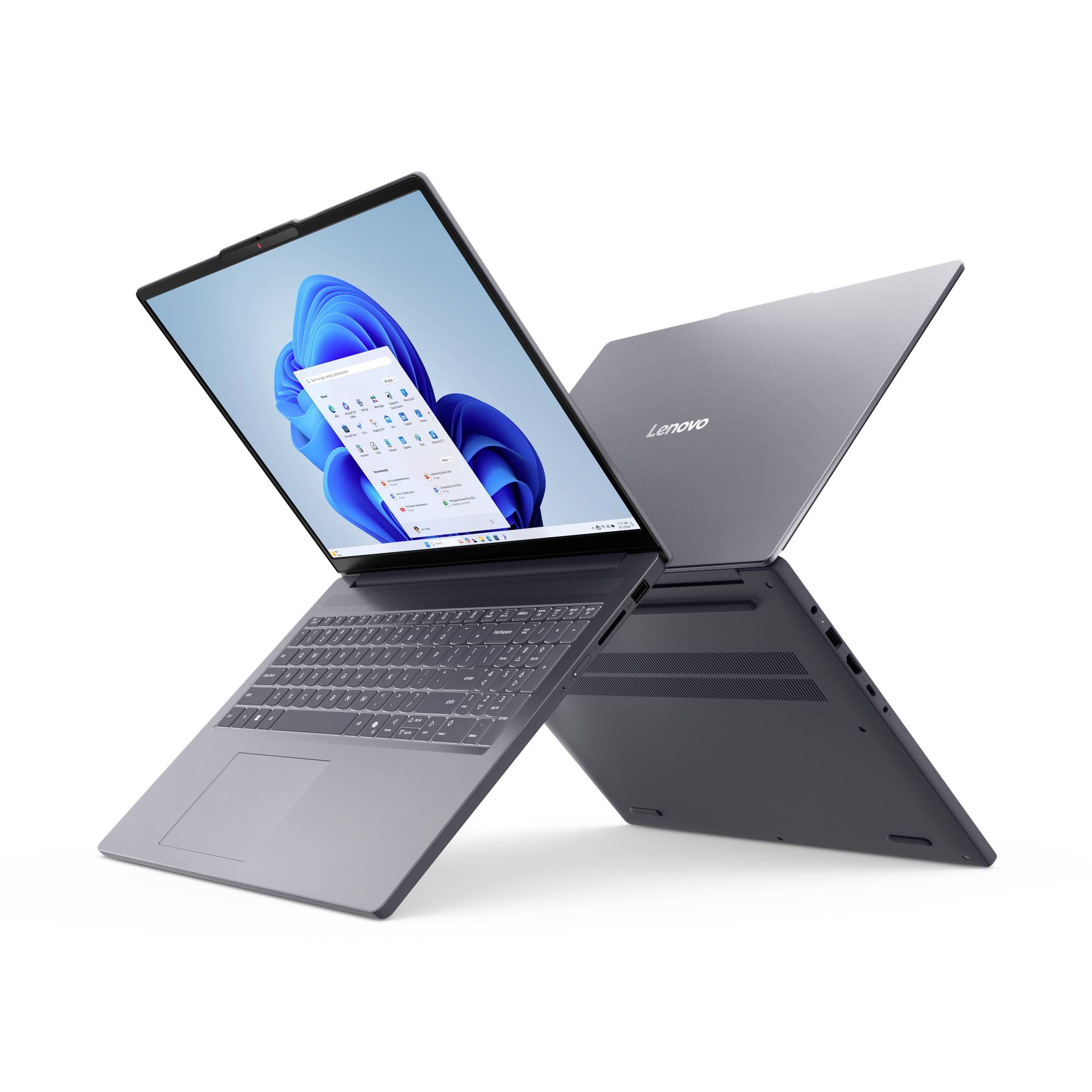 Zwei Lenovo-Laptops werden in einer umwandelbaren X-förmigen Pose gezeigt, einer offen mit dem Windows-Desktop auf dem Bildschirm und einer geschlossen, was ein 2-in-1-Design hervorhebt.