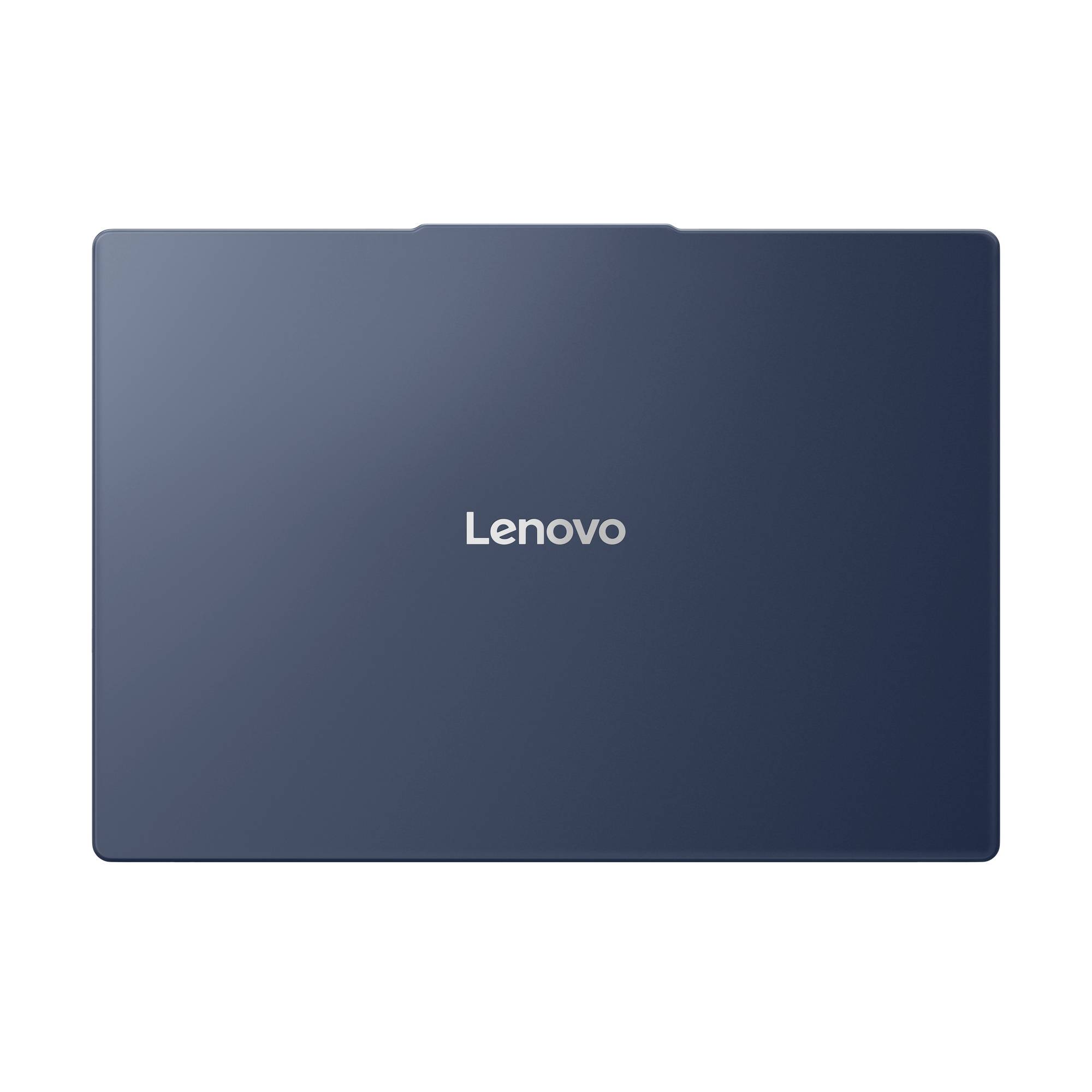 Geschlossener dunkelblauer Lenovo-Laptop mit dem Lenovo-Logo in der Mitte auf einem einfachen weißen Hintergrund.