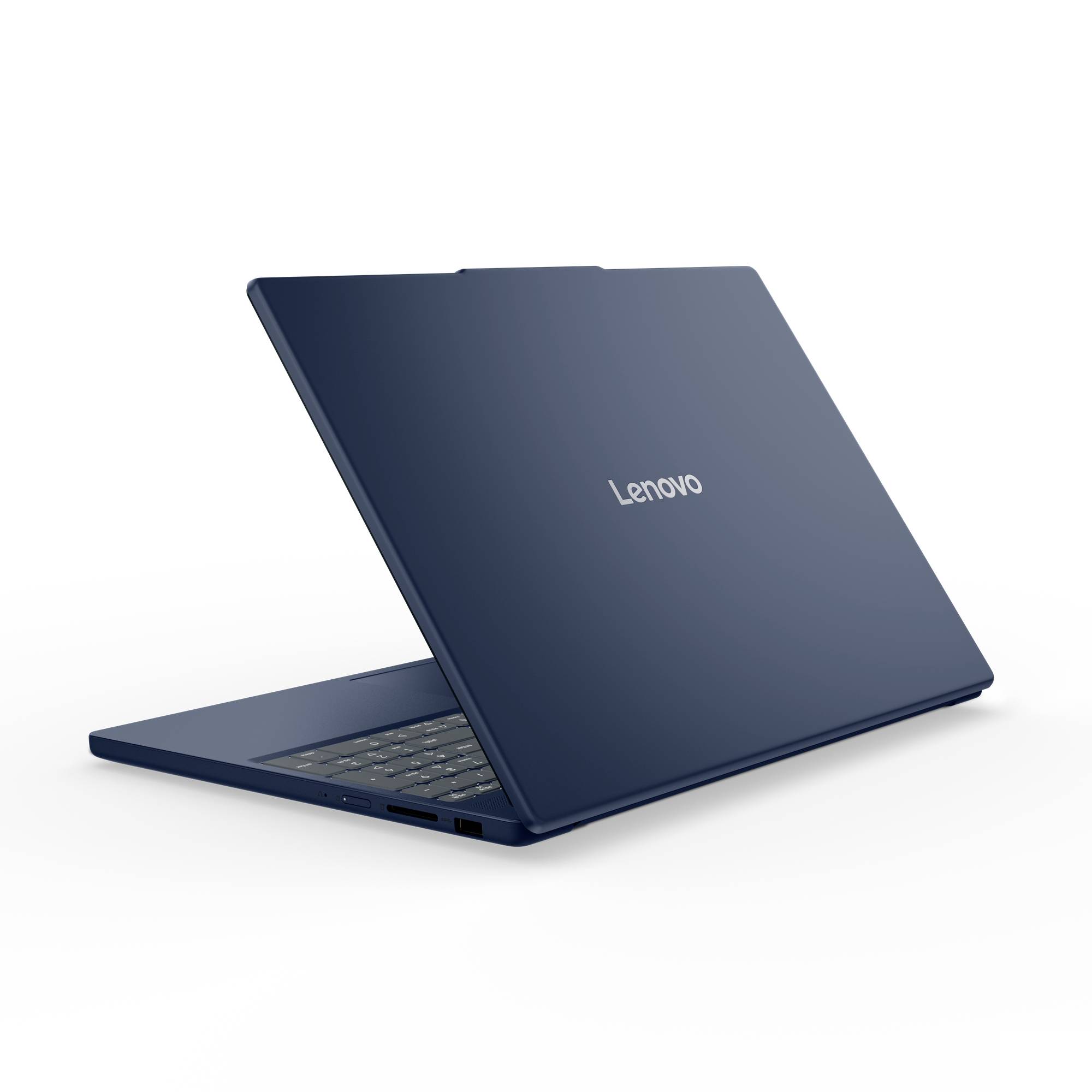 Geschlossener dunkelblauer Lenovo-Laptop, in einer Winkelansicht gezeigt, mit dem sichtbaren Deckellogo auf weißem Hintergrund.