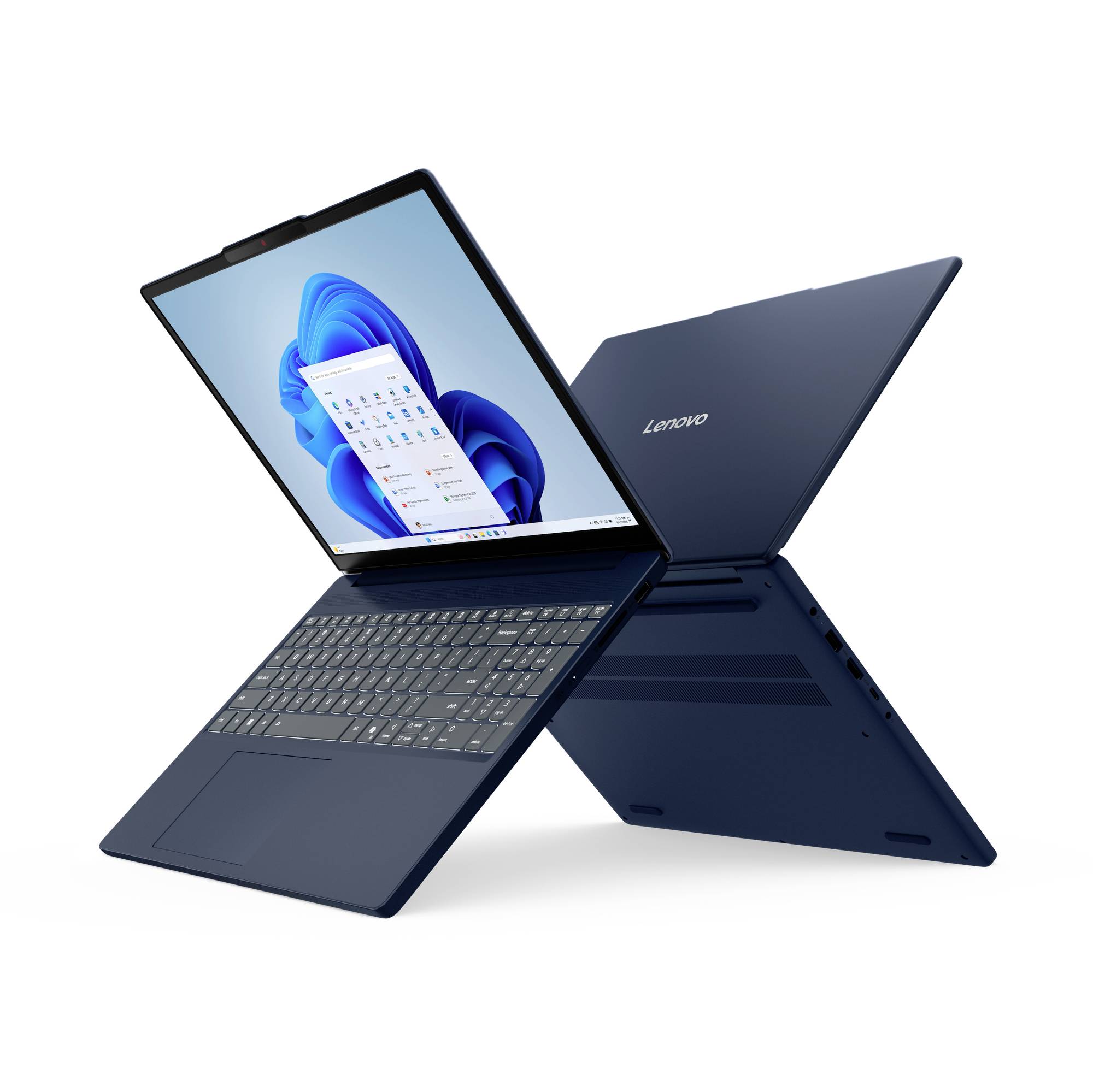 Zwei Lenovo-Laptops in einer X-förmigen Convertible-Position gezeigt, einer offen mit Windows 11 auf dem Bildschirm und sichtbarer Tastatur.