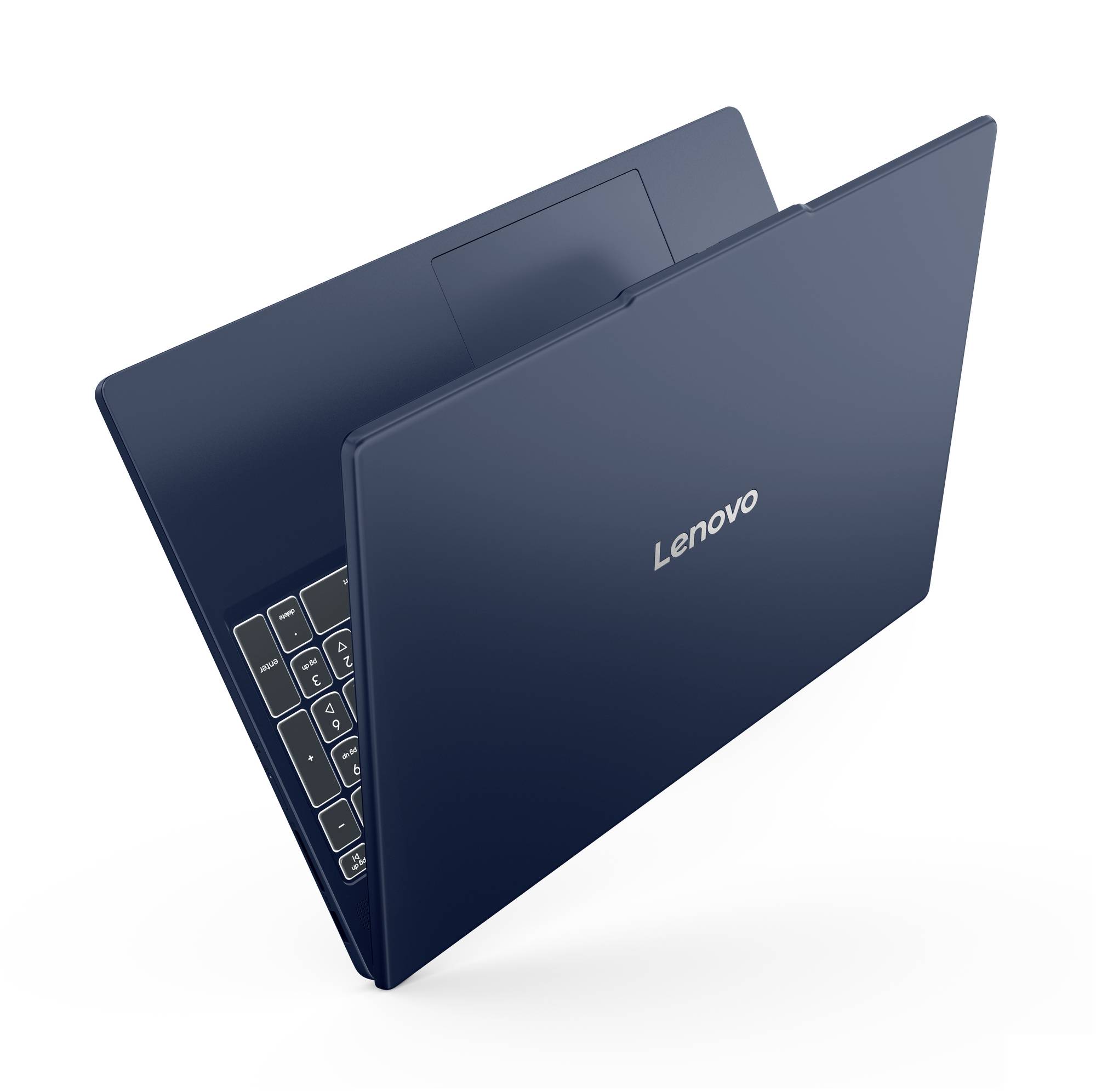 Blauer Lenovo-Laptop halb geöffnet, zeigt Tastatur und Touchpad auf weißem Hintergrund.