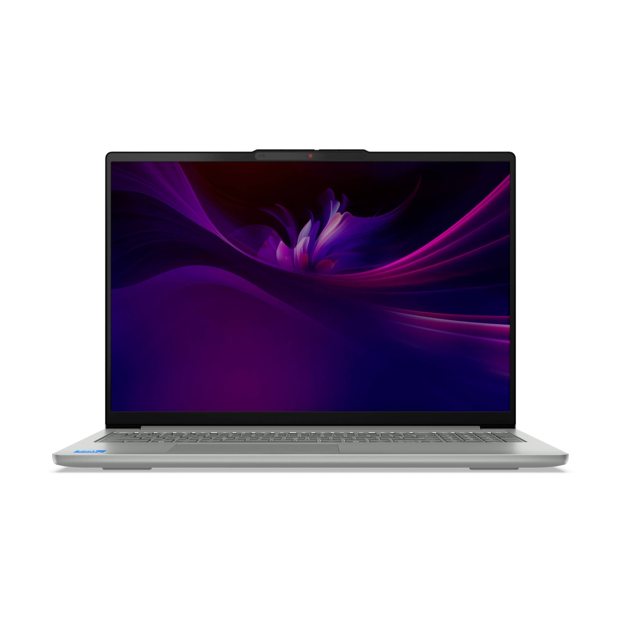 Silberner Laptop, der auf weißem Hintergrund geöffnet ist und ein violettes abstraktes Wellenhintergrundbild auf seinem Bildschirm anzeigt.