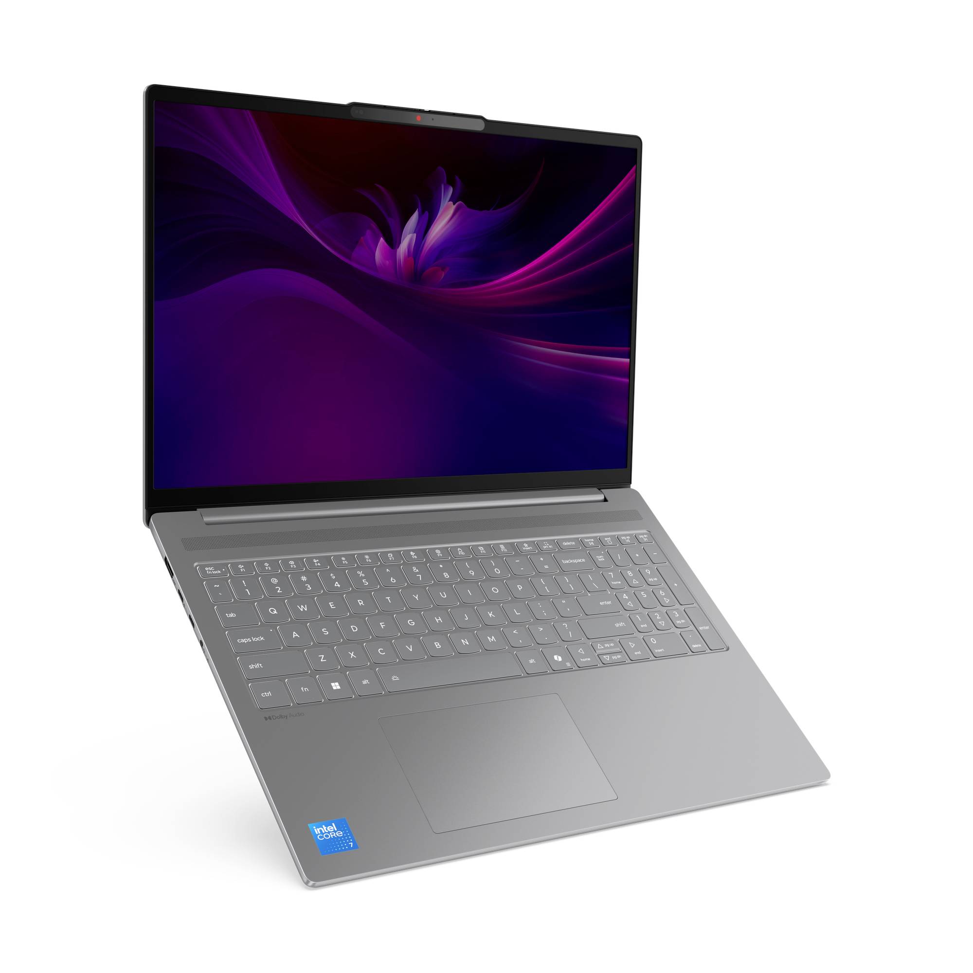 Offener grauer Laptop mit violettem abstraktem Hintergrundbild auf dem Bildschirm, in einem Winkel auf weißem Hintergrund dargestellt.