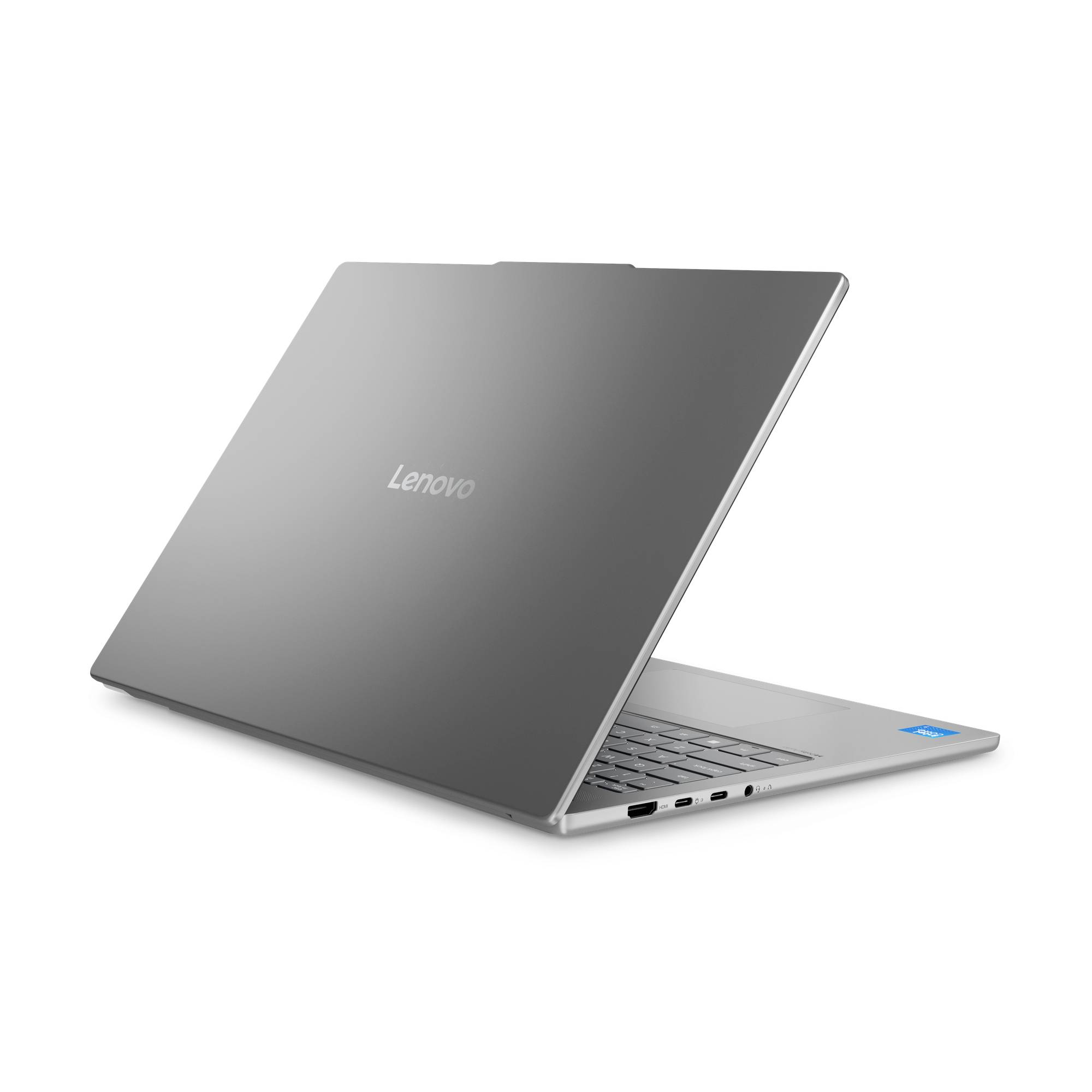 Grauer Lenovo-Laptop, teilweise geöffnet auf weißem Hintergrund, zeigt die Tastatur und die Seitenports.