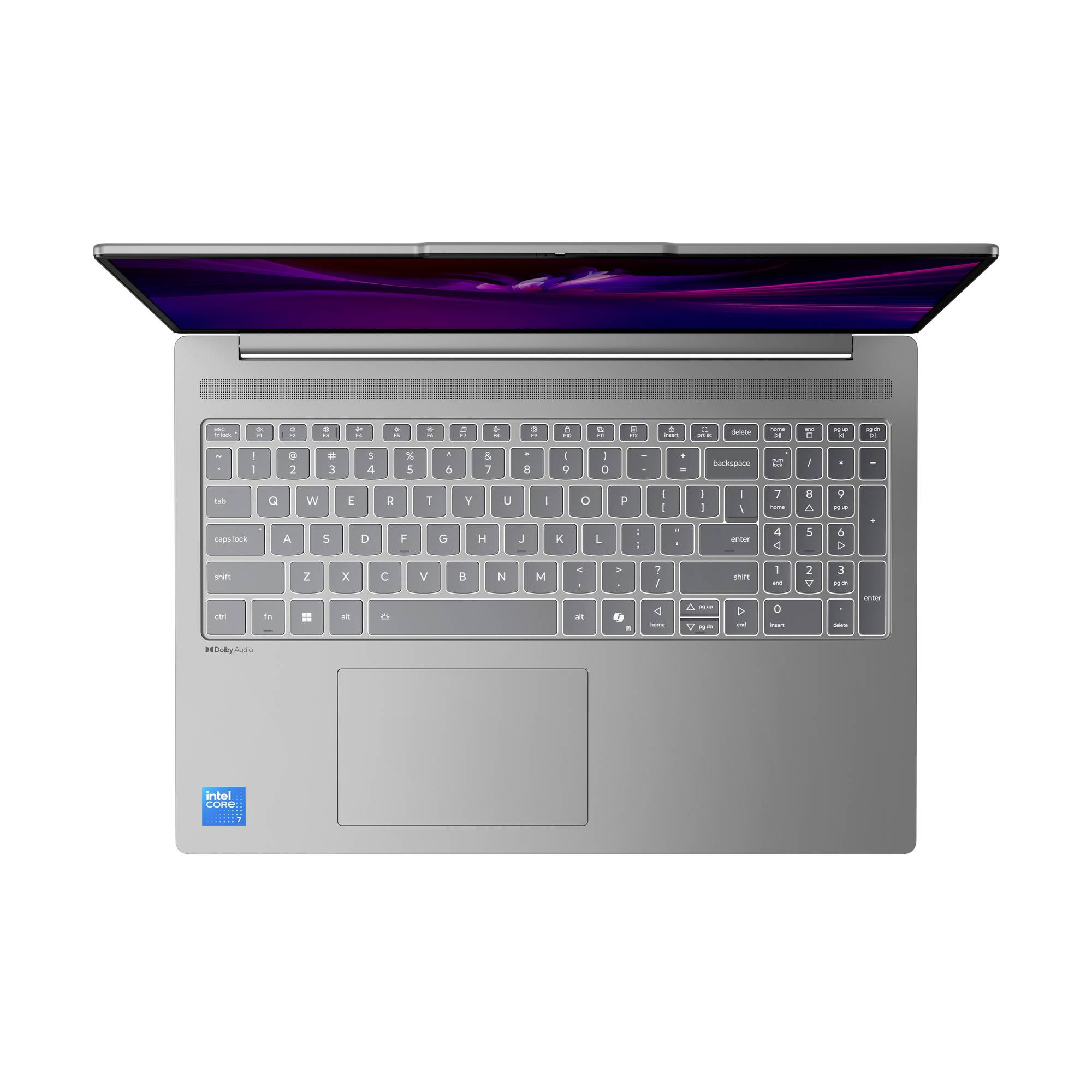 Draufsicht auf einen silbernen Laptop mit teilweise geöffnetem Bildschirm, der die Tastatur, das große Trackpad und den Ziffernblock zeigt.