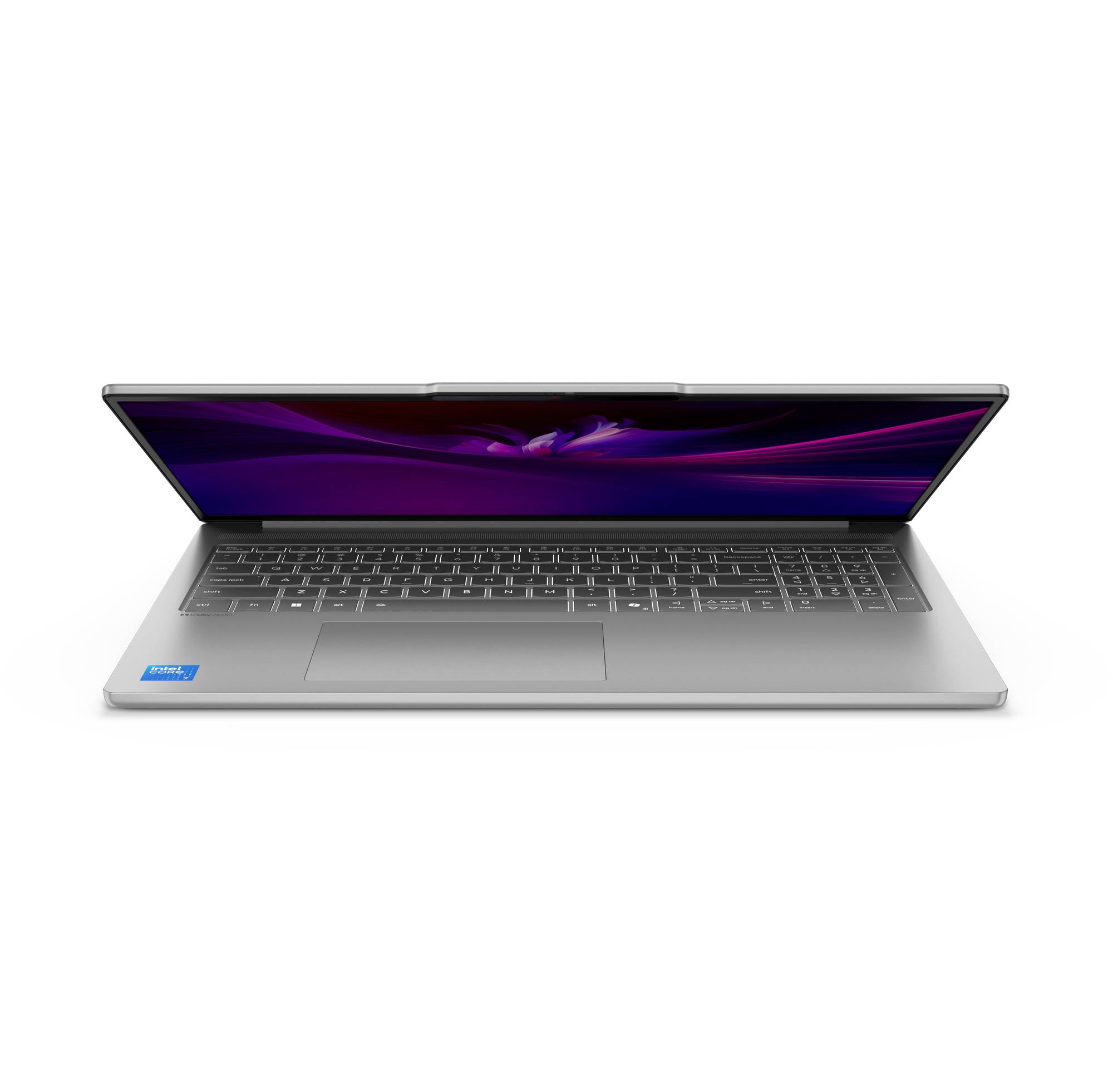 Offener silberner Laptop, frontal dargestellt, mit leuchtend violettem Bildschirm und sichtbarer Tastatur auf weißem Hintergrund.