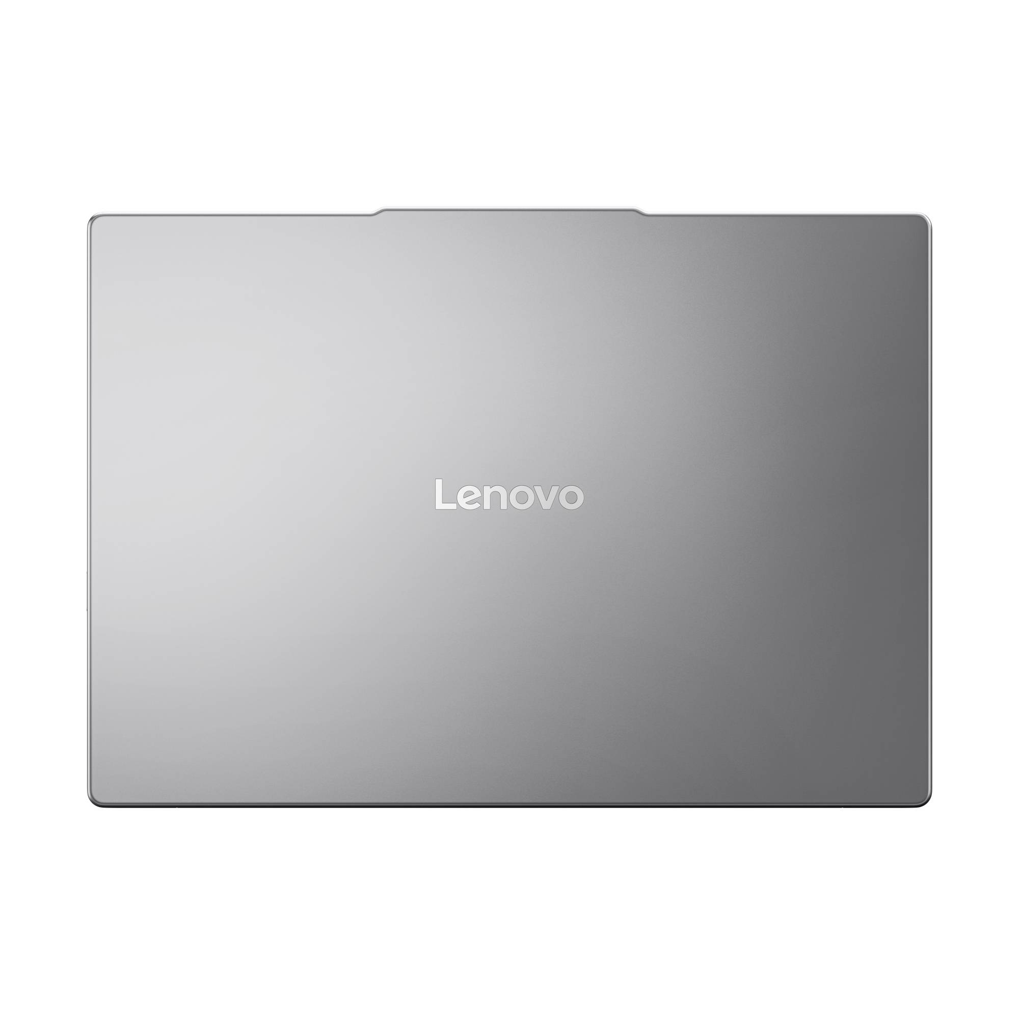 Geschlossener grauer Lenovo-Laptop von oben auf weißem Hintergrund sichtbar.